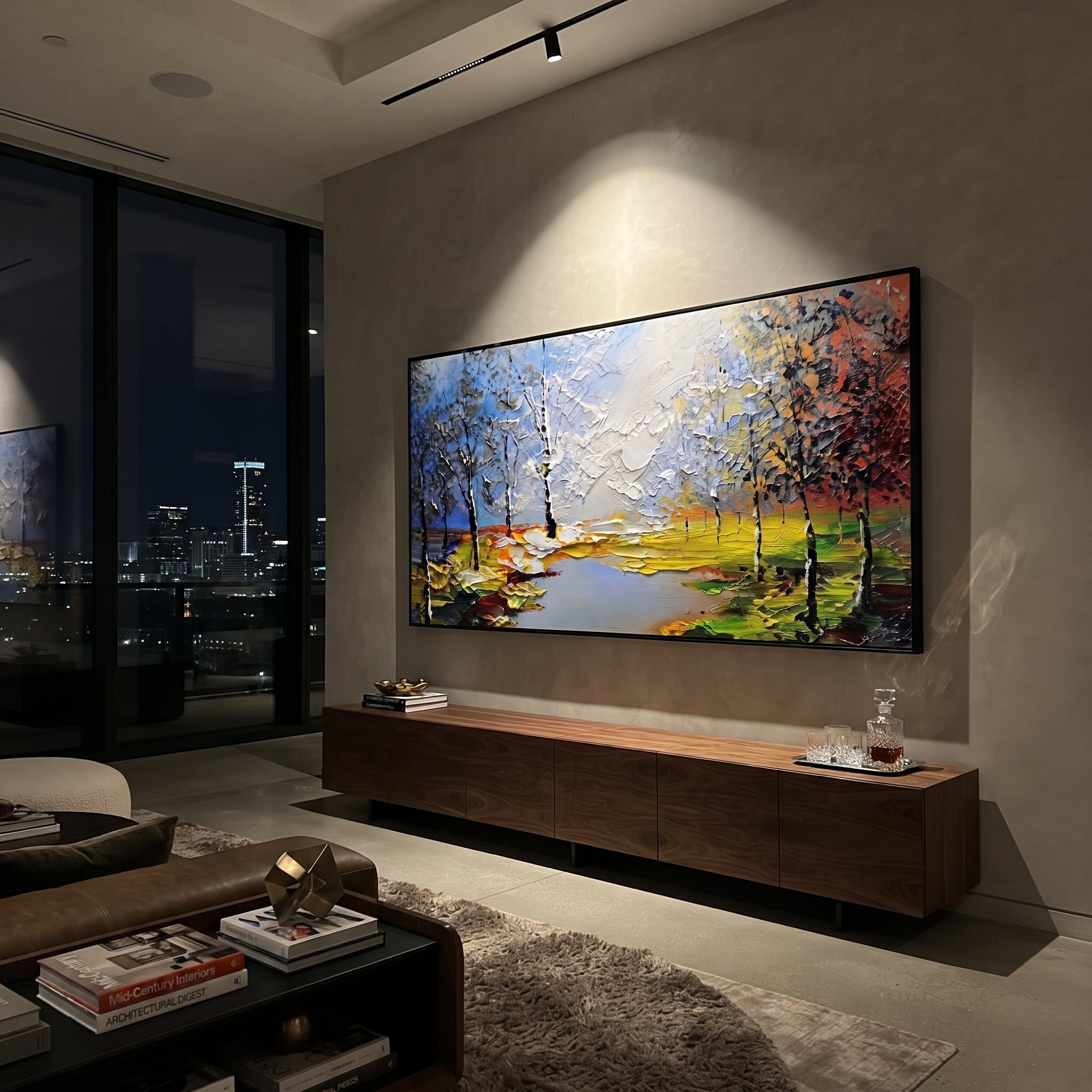 "Bright Lakeside Birch Painting" focuses on atmosphere, surface movement, and sculptural heavy impasto craftsmanship rather than a fixed literal storyline. The composition uses this hand-painted panoramic canvas presents a lakeside landscape with slender birch trees, bright green banks, blue sky, white clouds, and orange red trees at the edge as the visual anchor, while layered palette-knife paint, raised plaster-like texture, and softened brush movement create tactile depth across the canvas.