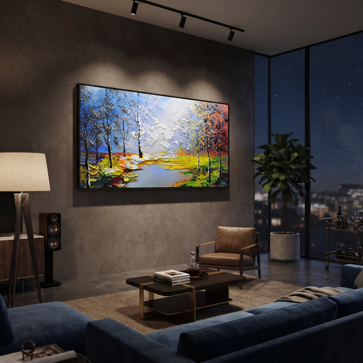 "Bright Lakeside Birch Painting" focuses on atmosphere, surface movement, and sculptural heavy impasto craftsmanship rather than a fixed literal storyline. The composition uses this hand-painted panoramic canvas presents a lakeside landscape with slender birch trees, bright green banks, blue sky, white clouds, and orange red trees at the edge as the visual anchor, while layered palette-knife paint, raised plaster-like texture, and softened brush movement create tactile depth across the canvas.