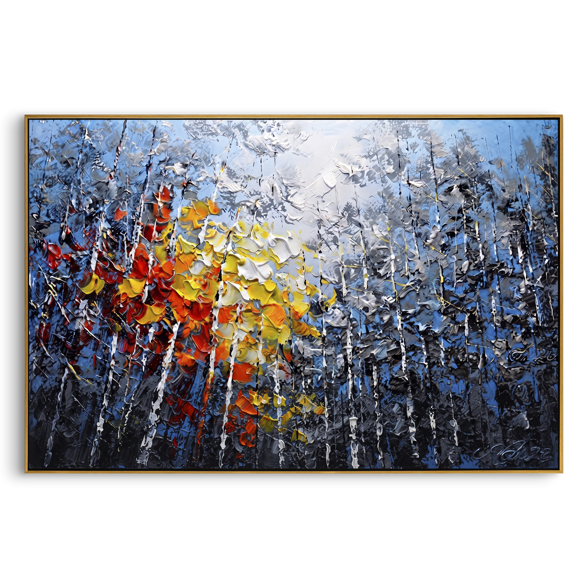"Blue Birch Autumn Glow Painting" focuses on atmosphere, surface movement, and sculptural heavy impasto craftsmanship rather than a fixed literal storyline. The composition uses this hand-painted horizontal canvas presents blue grey birch woods with white vertical trunks, smoky foliage, and thick red, orange, yellow, and white palette-knife leaves glowing through the center as the visual anchor, while layered palette-knife paint, raised plaster-like texture, and softened brush movement create