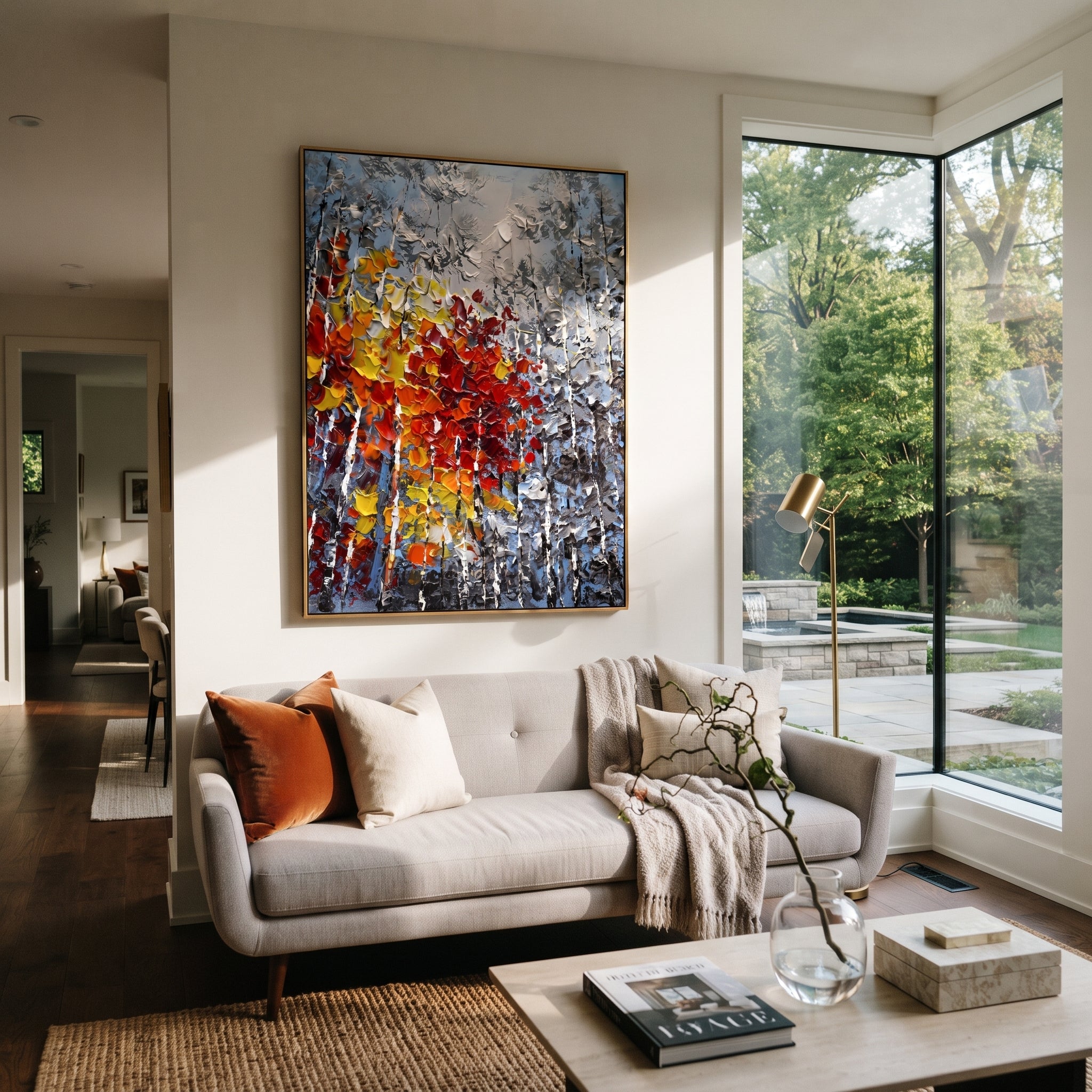 "Red Gold Birch Forest Painting" focuses on atmosphere, surface movement, and sculptural heavy impasto craftsmanship rather than a fixed literal storyline. The composition uses this hand-painted vertical canvas features a dense birch forest with blue grey trunks and a central rush of raised red, orange, yellow, and white foliage built in heavy impasto texture as the visual anchor, while layered palette-knife paint, raised plaster-like texture, and softened brush movement create tactile depth
