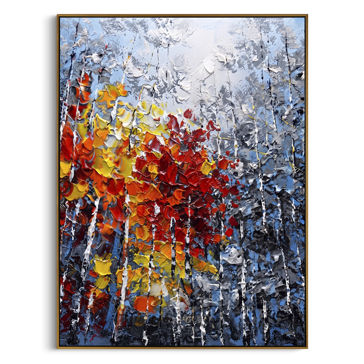 "Red Gold Birch Forest Painting" - Modern Heavy Impasto Abstract Artwork | Red & Yellow Palette Knife Painting | Luxury Vertical Wall Art #PT 1465