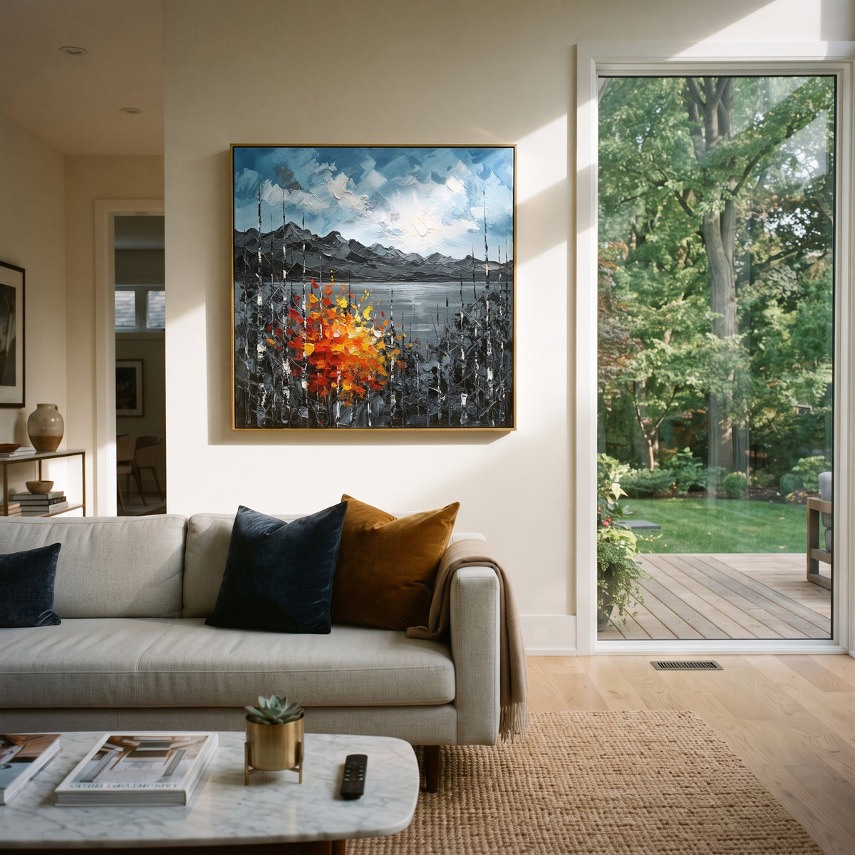 "Mountain Lake Autumn Birch Painting" focuses on atmosphere, surface movement, and sculptural heavy impasto craftsmanship rather than a fixed literal storyline. The composition uses this hand-painted square canvas shows a quiet mountain lake beneath a blue sky, dark grey ridges, slender birch trunks, and vivid red and yellow autumn leaves in raised palette-knife strokes as the visual anchor, while layered palette-knife paint, raised plaster-like texture, and softened brush movement create