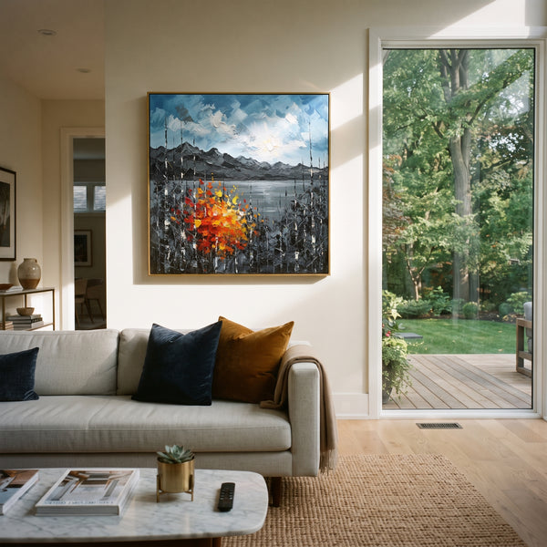 "Mountain Lake Autumn Birch Painting" - Modern Heavy Impasto Landscape Artwork | Blue & Grey Palette Knife Painting | Luxury Square Wall Art #PT 1466
