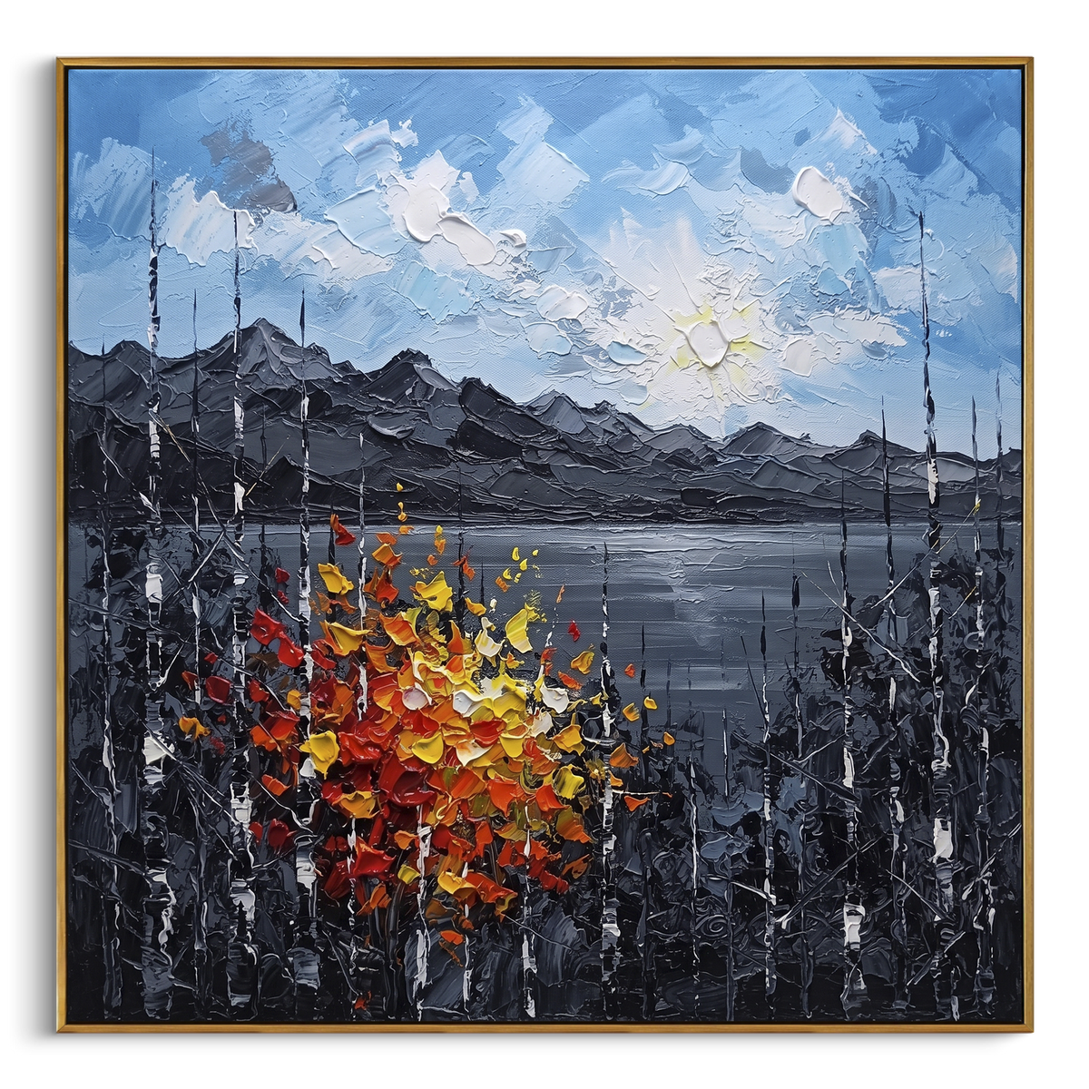 "Mountain Lake Autumn Birch Painting" - Modern Heavy Impasto Landscape Artwork | Blue & Grey Palette Knife Painting | Luxury Square Wall Art #PT 1466