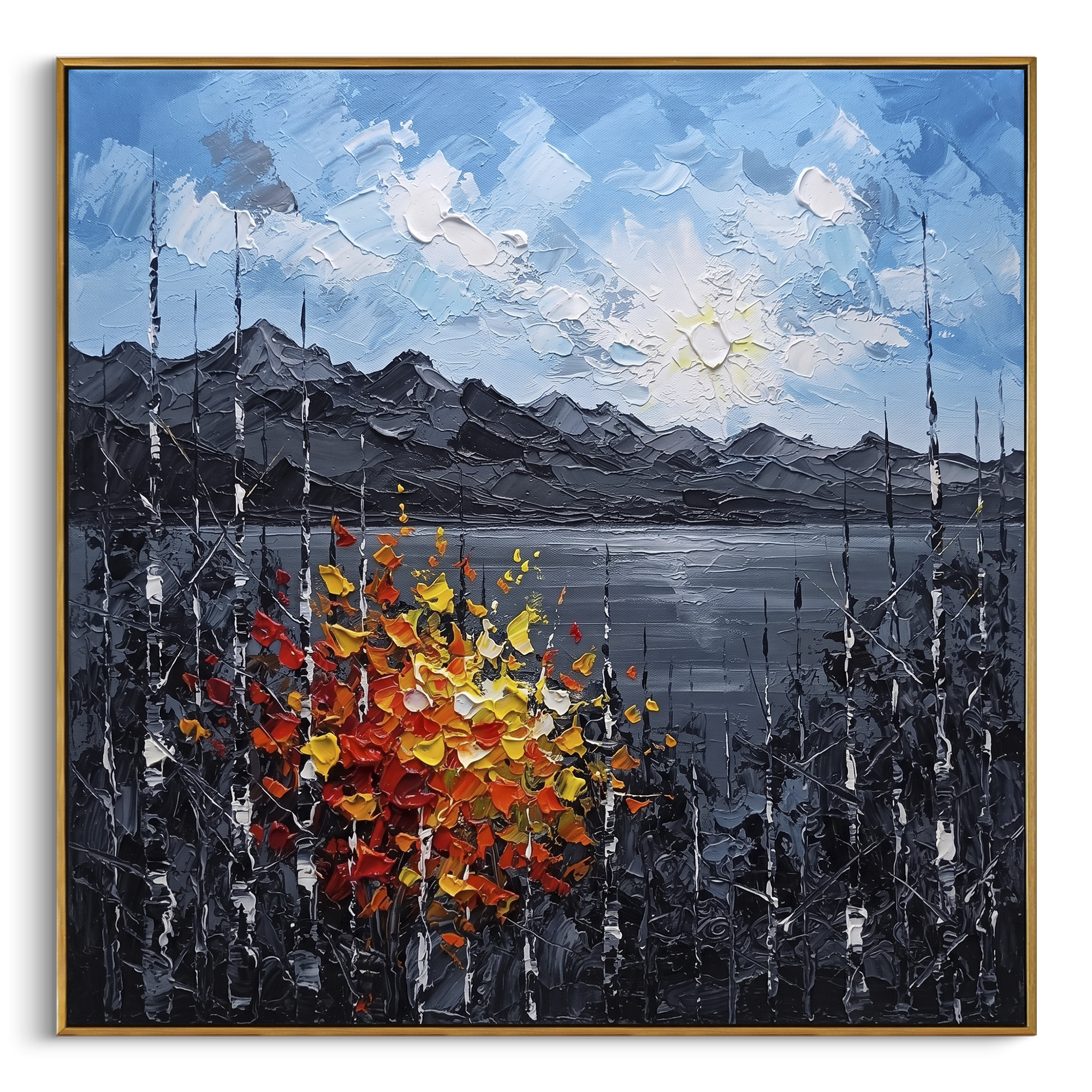 "Mountain Lake Autumn Birch Painting" focuses on atmosphere, surface movement, and sculptural heavy impasto craftsmanship rather than a fixed literal storyline. The composition uses this hand-painted square canvas shows a quiet mountain lake beneath a blue sky, dark grey ridges, slender birch trunks, and vivid red and yellow autumn leaves in raised palette-knife strokes as the visual anchor, while layered palette-knife paint, raised plaster-like texture, and softened brush movement create