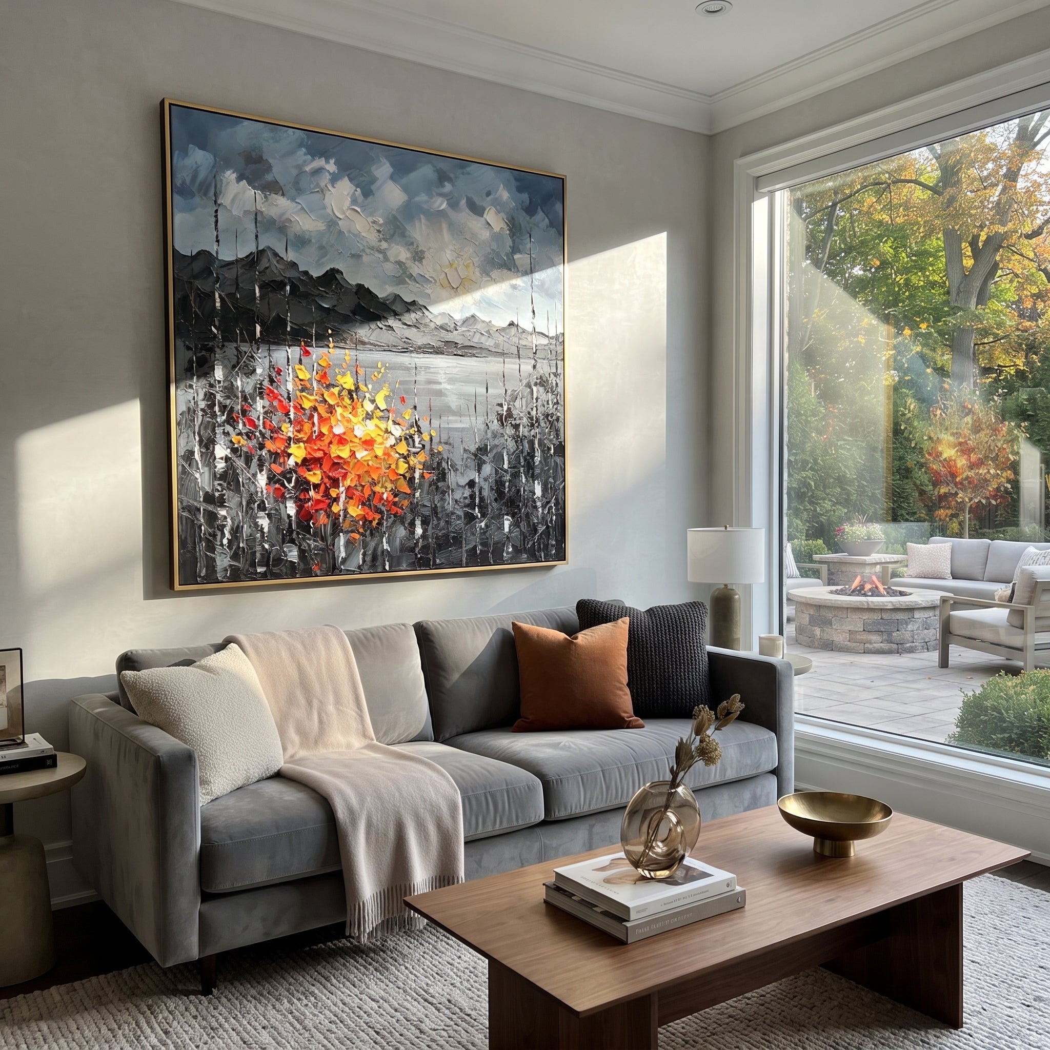 "Mountain Lake Autumn Birch Painting" focuses on atmosphere, surface movement, and sculptural heavy impasto craftsmanship rather than a fixed literal storyline. The composition uses this hand-painted square canvas shows a quiet mountain lake beneath a blue sky, dark grey ridges, slender birch trunks, and vivid red and yellow autumn leaves in raised palette-knife strokes as the visual anchor, while layered palette-knife paint, raised plaster-like texture, and softened brush movement create