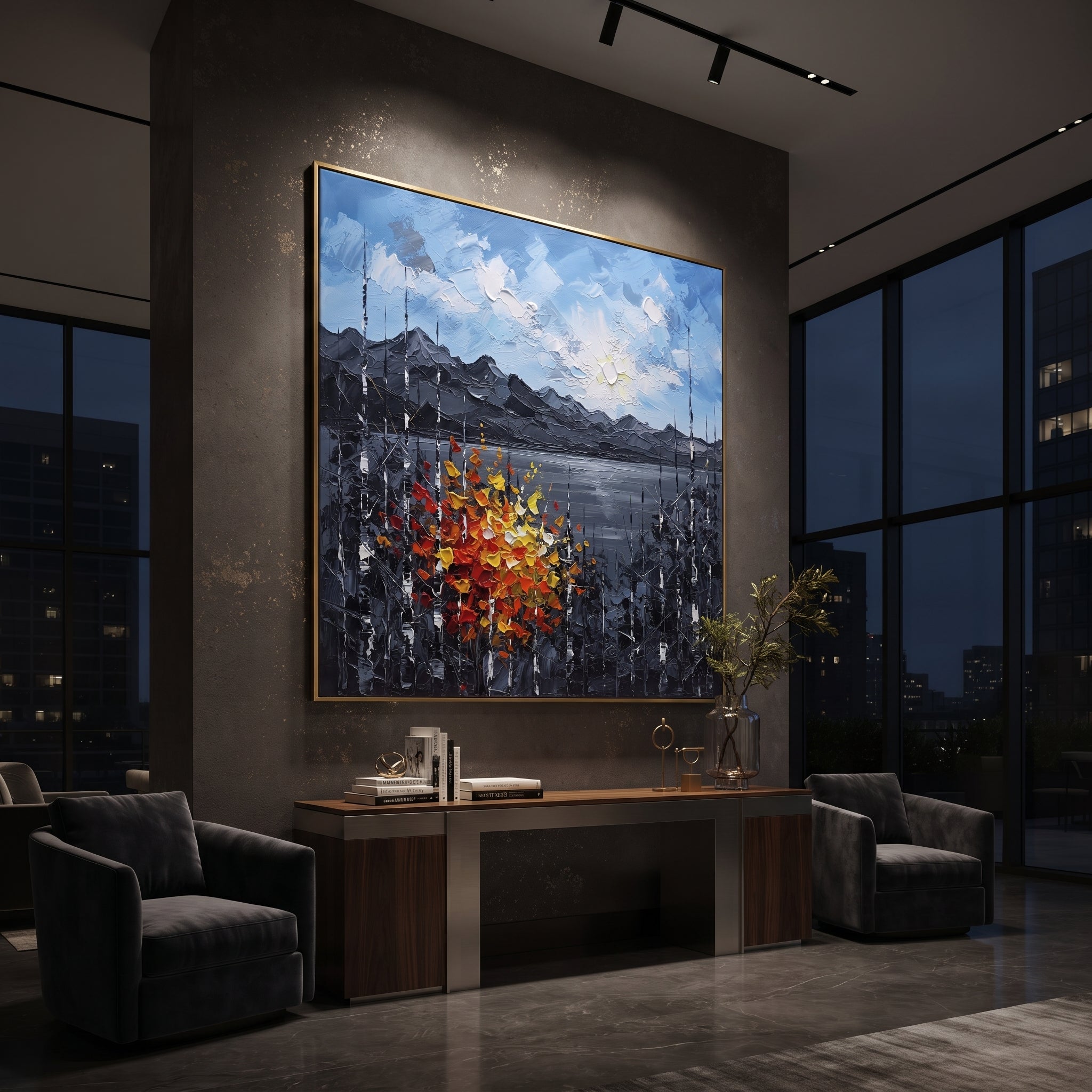 "Mountain Lake Autumn Birch Painting" focuses on atmosphere, surface movement, and sculptural heavy impasto craftsmanship rather than a fixed literal storyline. The composition uses this hand-painted square canvas shows a quiet mountain lake beneath a blue sky, dark grey ridges, slender birch trunks, and vivid red and yellow autumn leaves in raised palette-knife strokes as the visual anchor, while layered palette-knife paint, raised plaster-like texture, and softened brush movement create