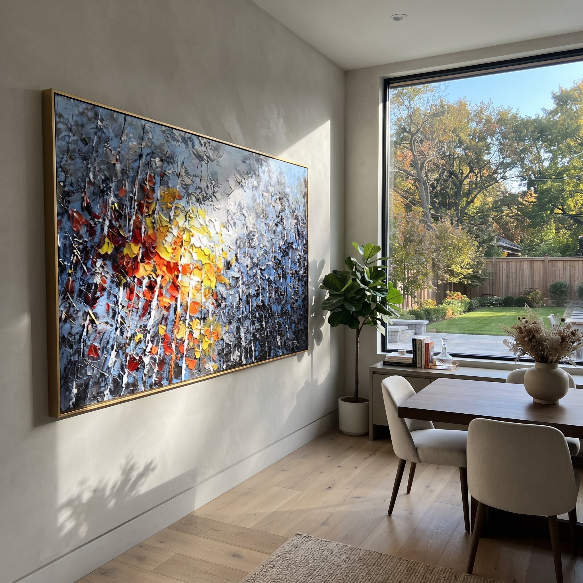 "Sunlit Lake Birch Painting" focuses on atmosphere, surface movement, and sculptural heavy impasto craftsmanship rather than a fixed literal storyline. The composition uses this hand-painted horizontal canvas presents a silver mountain lake with pale blue sky, a bright textured sun, black and white birch trunks, and red orange autumn leaves rising from the foreground as the visual anchor, while layered palette-knife paint, raised plaster-like texture, and softened brush movement create tactile