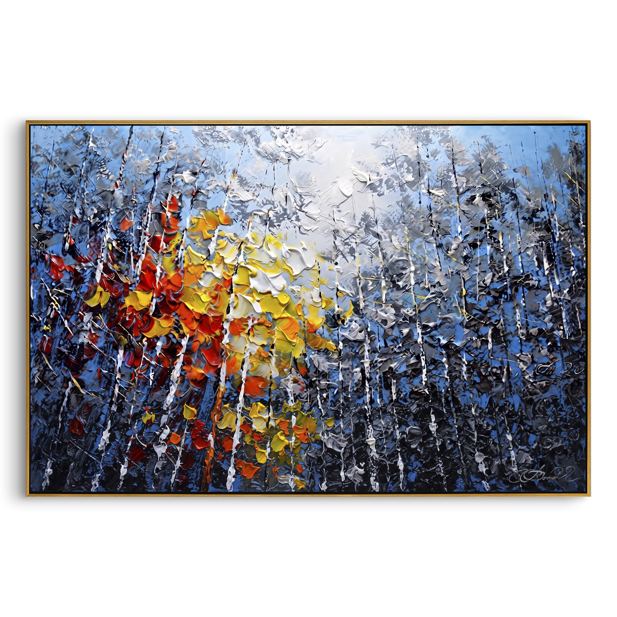 "Sunlit Lake Birch Painting" - Modern Heavy Impasto Landscape Artwork | Blue & Grey Palette Knife Painting | Luxury Horizontal Wall Art #PT 1467