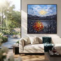 "Autumn Ridge Birch Painting" focuses on atmosphere, surface movement, and sculptural heavy impasto craftsmanship rather than a fixed literal storyline. The composition uses this hand-painted square canvas features a glowing sun above layered grey mountains and a lake, framed by black and white birches with red, orange, and yellow textured autumn leaves as the visual anchor, while layered palette-knife paint, raised plaster-like texture, and softened brush movement create tactile depth across