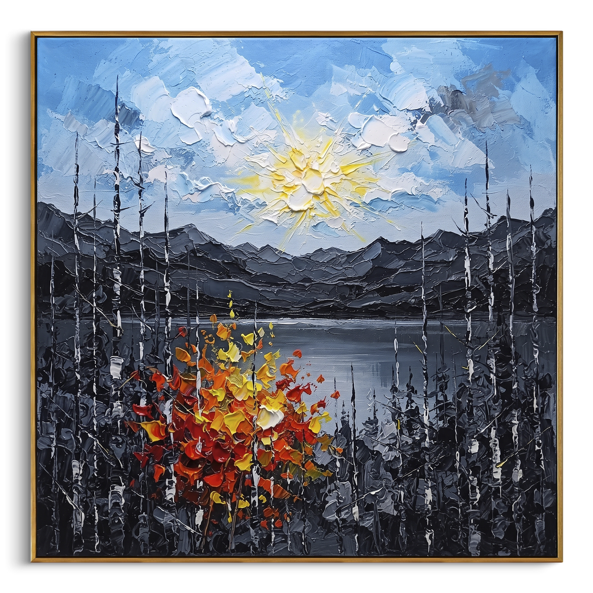 "Autumn Ridge Birch Painting" - Modern Heavy Impasto Landscape Artwork | Blue & Grey Palette Knife Painting | Luxury Square Wall Art #PT 1468