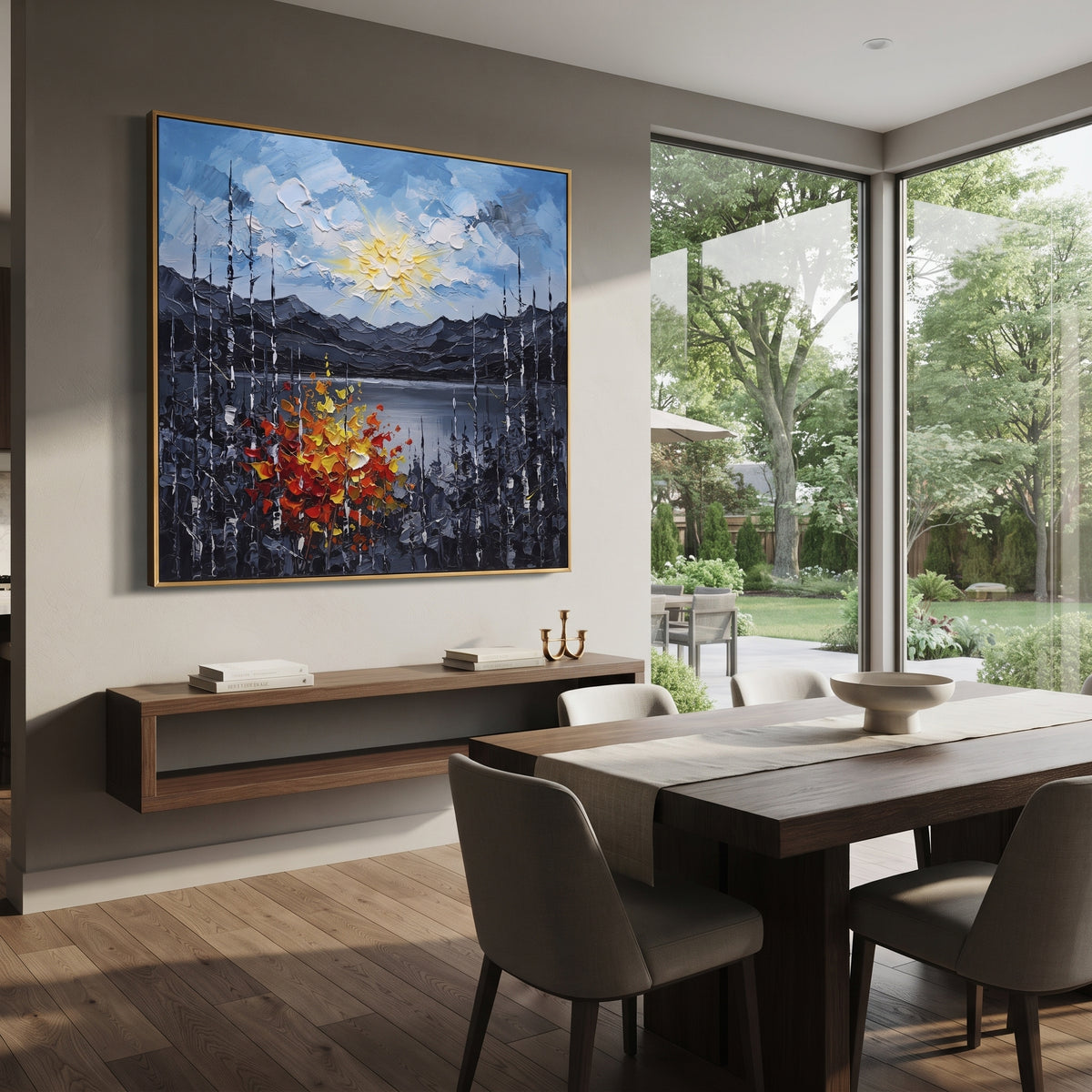 "Autumn Ridge Birch Painting" focuses on atmosphere, surface movement, and sculptural heavy impasto craftsmanship rather than a fixed literal storyline. The composition uses this hand-painted square canvas features a glowing sun above layered grey mountains and a lake, framed by black and white birches with red, orange, and yellow textured autumn leaves as the visual anchor, while layered palette-knife paint, raised plaster-like texture, and softened brush movement create tactile depth across