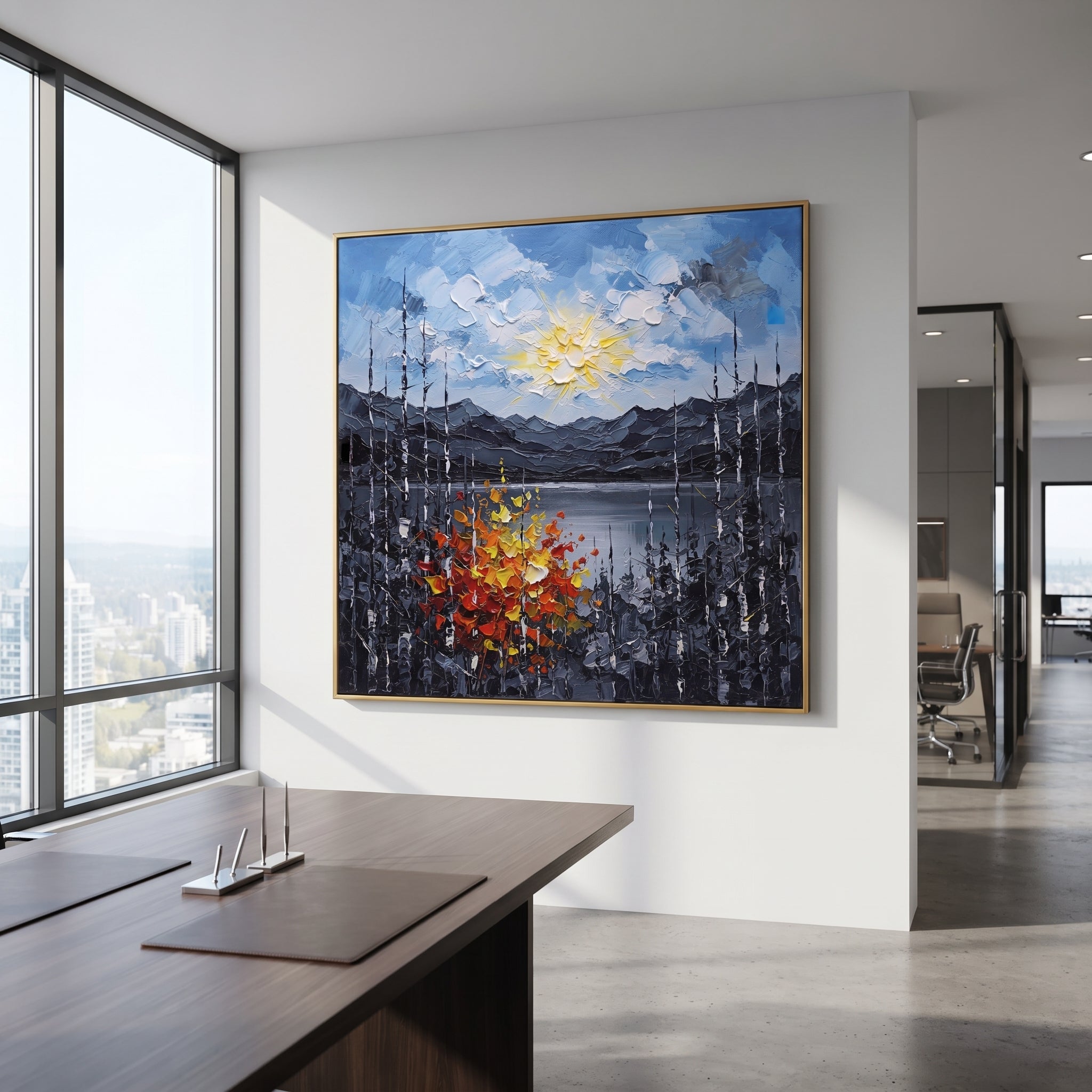 "Autumn Ridge Birch Painting" focuses on atmosphere, surface movement, and sculptural heavy impasto craftsmanship rather than a fixed literal storyline. The composition uses this hand-painted square canvas features a glowing sun above layered grey mountains and a lake, framed by black and white birches with red, orange, and yellow textured autumn leaves as the visual anchor, while layered palette-knife paint, raised plaster-like texture, and softened brush movement create tactile depth across