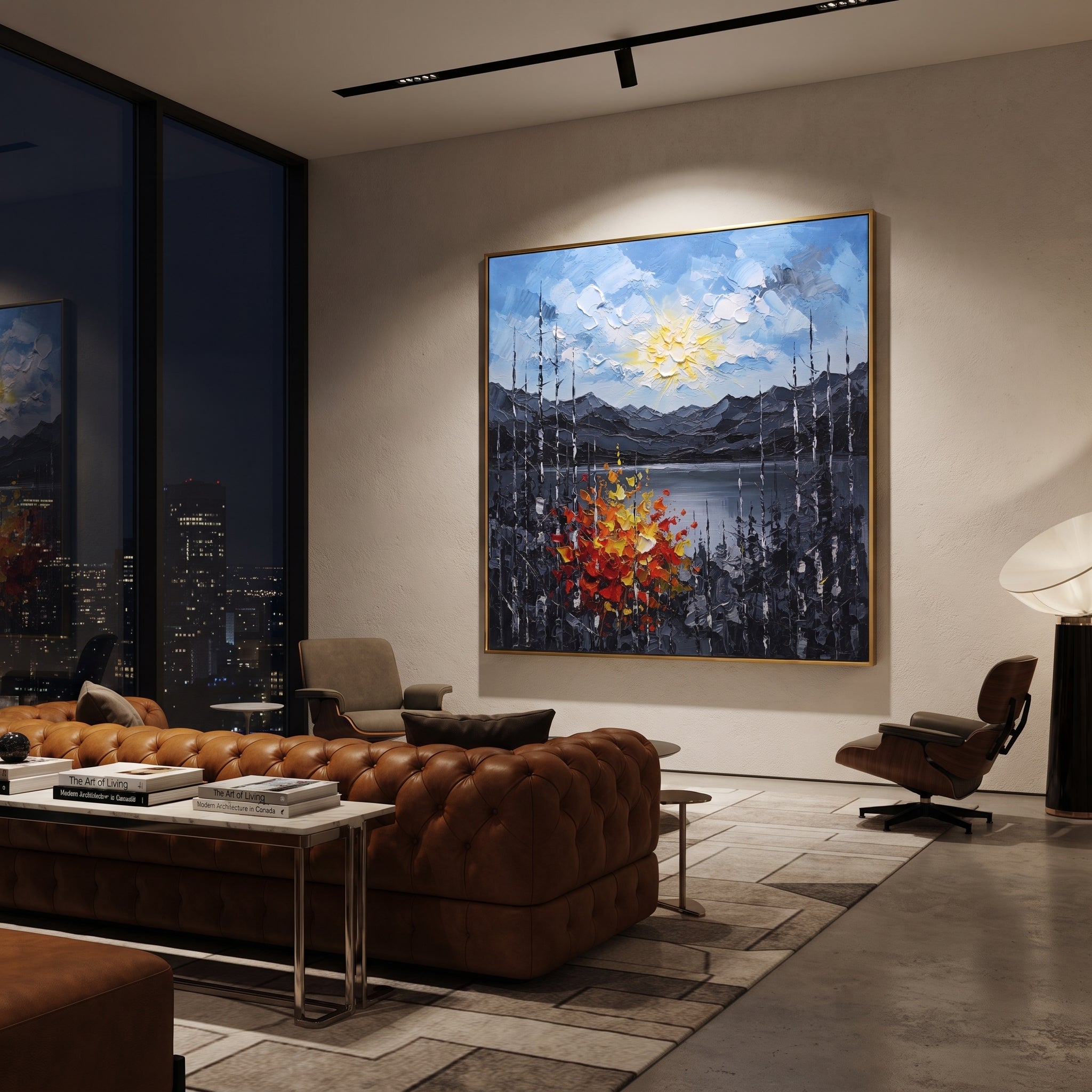 "Autumn Ridge Birch Painting" focuses on atmosphere, surface movement, and sculptural heavy impasto craftsmanship rather than a fixed literal storyline. The composition uses this hand-painted square canvas features a glowing sun above layered grey mountains and a lake, framed by black and white birches with red, orange, and yellow textured autumn leaves as the visual anchor, while layered palette-knife paint, raised plaster-like texture, and softened brush movement create tactile depth across