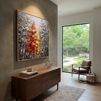 "Red Maple Birch Grove Painting" focuses on atmosphere, surface movement, and sculptural heavy impasto craftsmanship rather than a fixed literal storyline. The composition uses this hand-painted square canvas presents a blue grey birch grove with tall dark trunks and a central cluster of red, orange, yellow, and cream autumn foliage shaped in thick palette-knife texture as the visual anchor, while layered palette-knife paint, raised plaster-like texture, and softened brush movement create