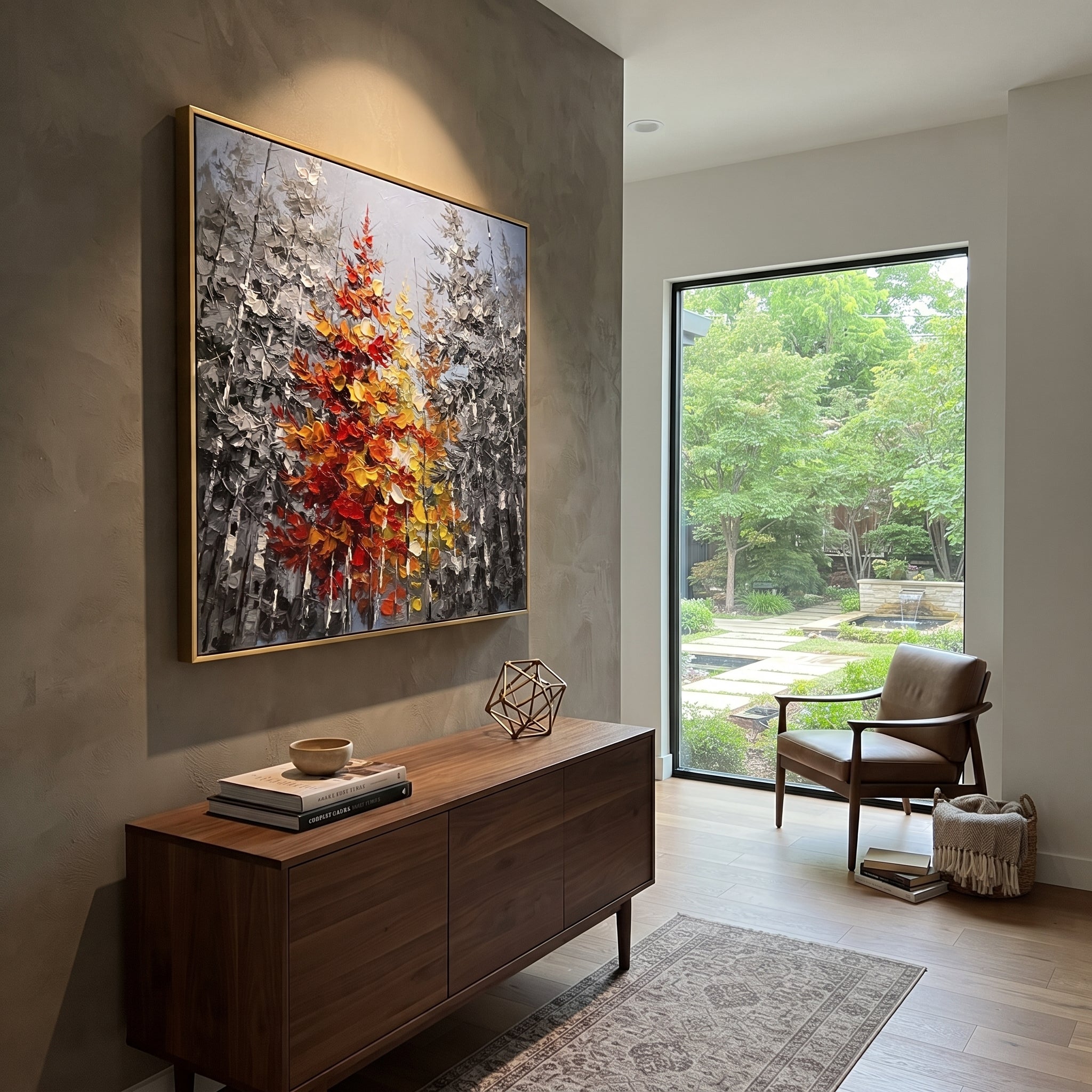 "Red Maple Birch Grove Painting" focuses on atmosphere, surface movement, and sculptural heavy impasto craftsmanship rather than a fixed literal storyline. The composition uses this hand-painted square canvas presents a blue grey birch grove with tall dark trunks and a central cluster of red, orange, yellow, and cream autumn foliage shaped in thick palette-knife texture as the visual anchor, while layered palette-knife paint, raised plaster-like texture, and softened brush movement create