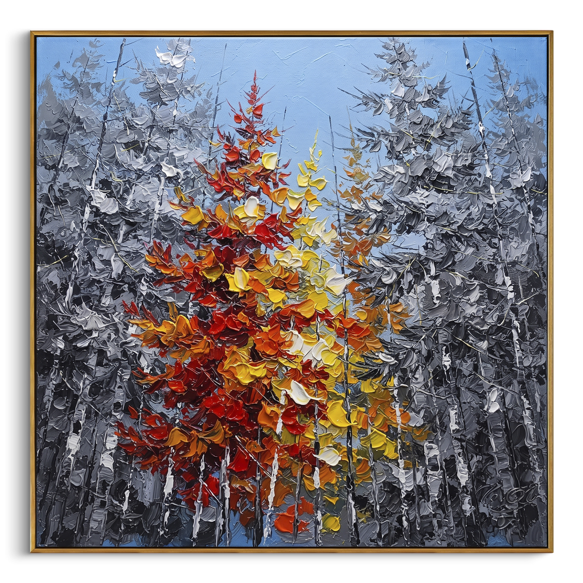 "Red Maple Birch Grove Painting" - Modern Heavy Impasto Abstract Artwork | Red & Yellow Palette Knife Painting | Luxury Square Wall Art #PT 1469