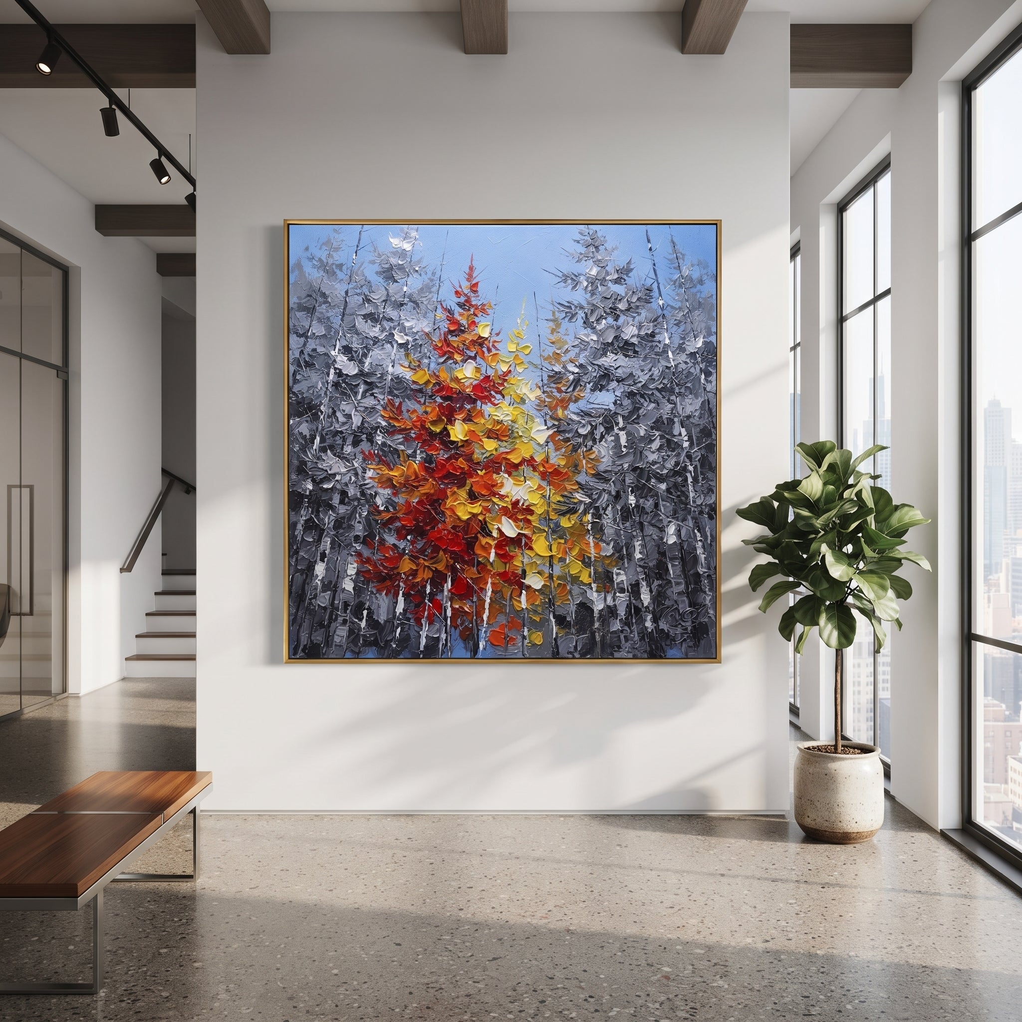 "Red Maple Birch Grove Painting" focuses on atmosphere, surface movement, and sculptural heavy impasto craftsmanship rather than a fixed literal storyline. The composition uses this hand-painted square canvas presents a blue grey birch grove with tall dark trunks and a central cluster of red, orange, yellow, and cream autumn foliage shaped in thick palette-knife texture as the visual anchor, while layered palette-knife paint, raised plaster-like texture, and softened brush movement create
