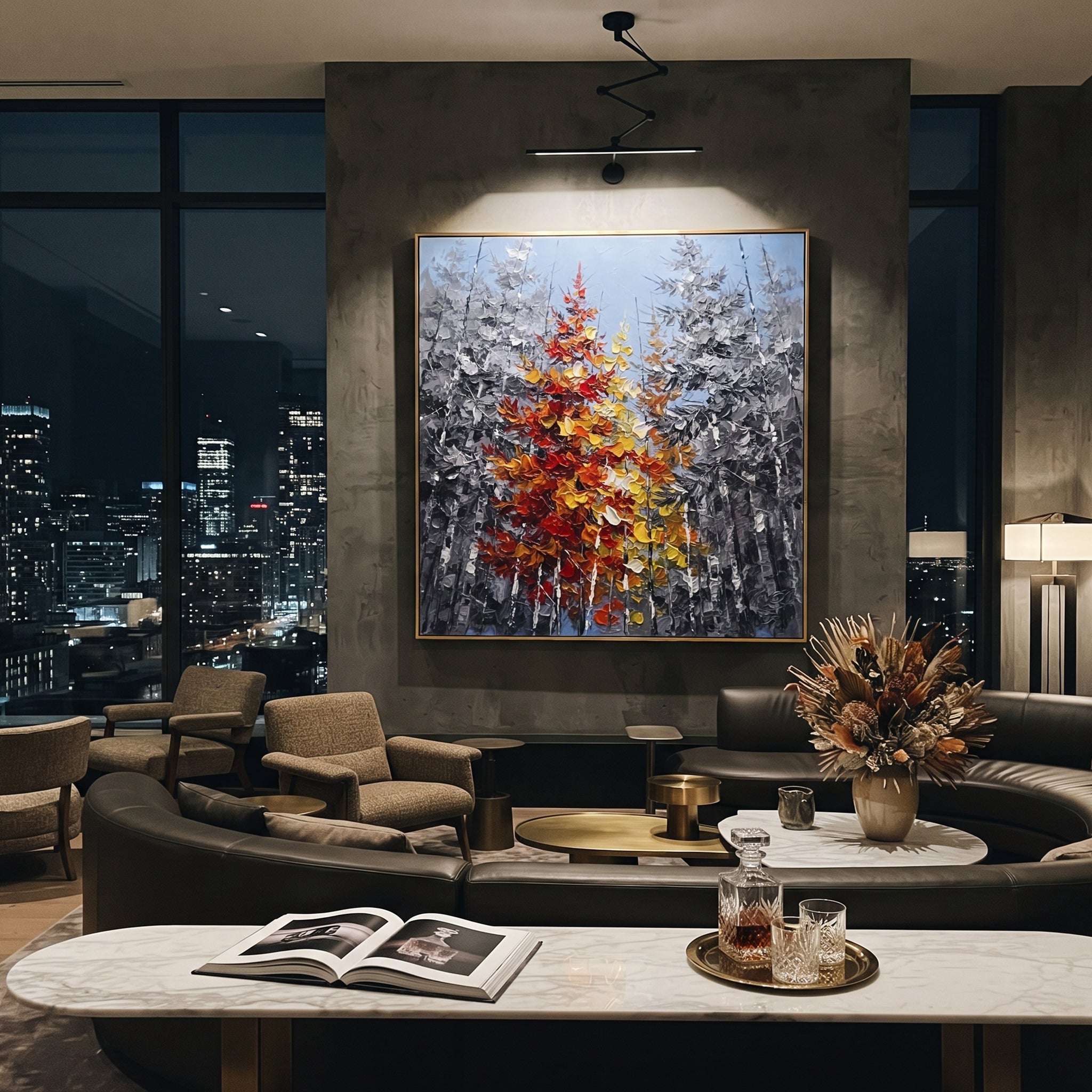 "Red Maple Birch Grove Painting" focuses on atmosphere, surface movement, and sculptural heavy impasto craftsmanship rather than a fixed literal storyline. The composition uses this hand-painted square canvas presents a blue grey birch grove with tall dark trunks and a central cluster of red, orange, yellow, and cream autumn foliage shaped in thick palette-knife texture as the visual anchor, while layered palette-knife paint, raised plaster-like texture, and softened brush movement create