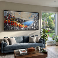 "Coastal Birch Vista Painting" focuses on atmosphere, surface movement, and sculptural heavy impasto craftsmanship rather than a fixed literal storyline. The composition uses this hand-painted panoramic canvas opens to a deep blue coastal bay beyond grey cliffs, with birch trunks and fiery red, orange, yellow, and white leaves sweeping across the foreground as the visual anchor, while layered palette-knife paint, raised plaster-like texture, and softened brush movement create tactile depth