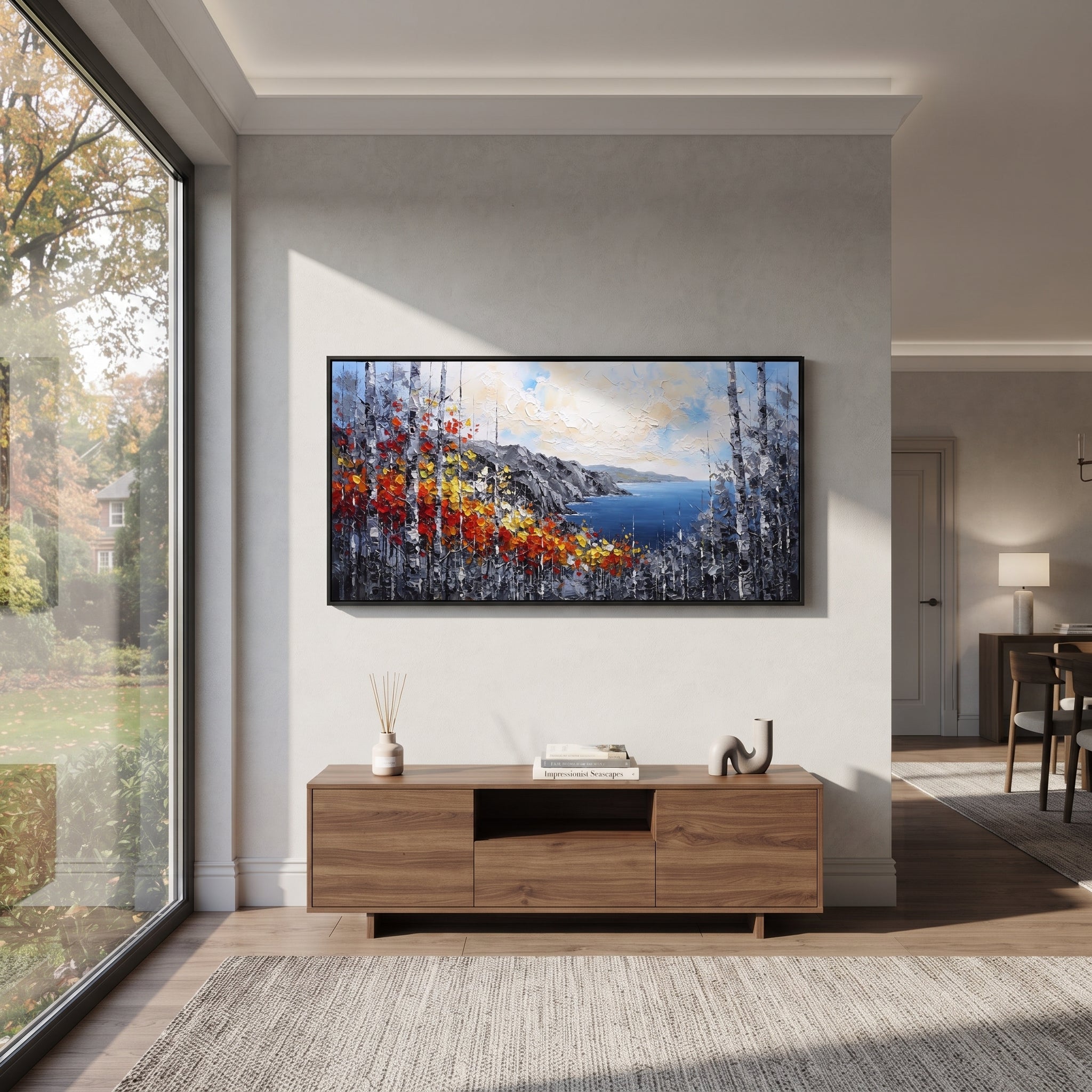 "Coastal Birch Vista Painting" focuses on atmosphere, surface movement, and sculptural heavy impasto craftsmanship rather than a fixed literal storyline. The composition uses this hand-painted panoramic canvas opens to a deep blue coastal bay beyond grey cliffs, with birch trunks and fiery red, orange, yellow, and white leaves sweeping across the foreground as the visual anchor, while layered palette-knife paint, raised plaster-like texture, and softened brush movement create tactile depth