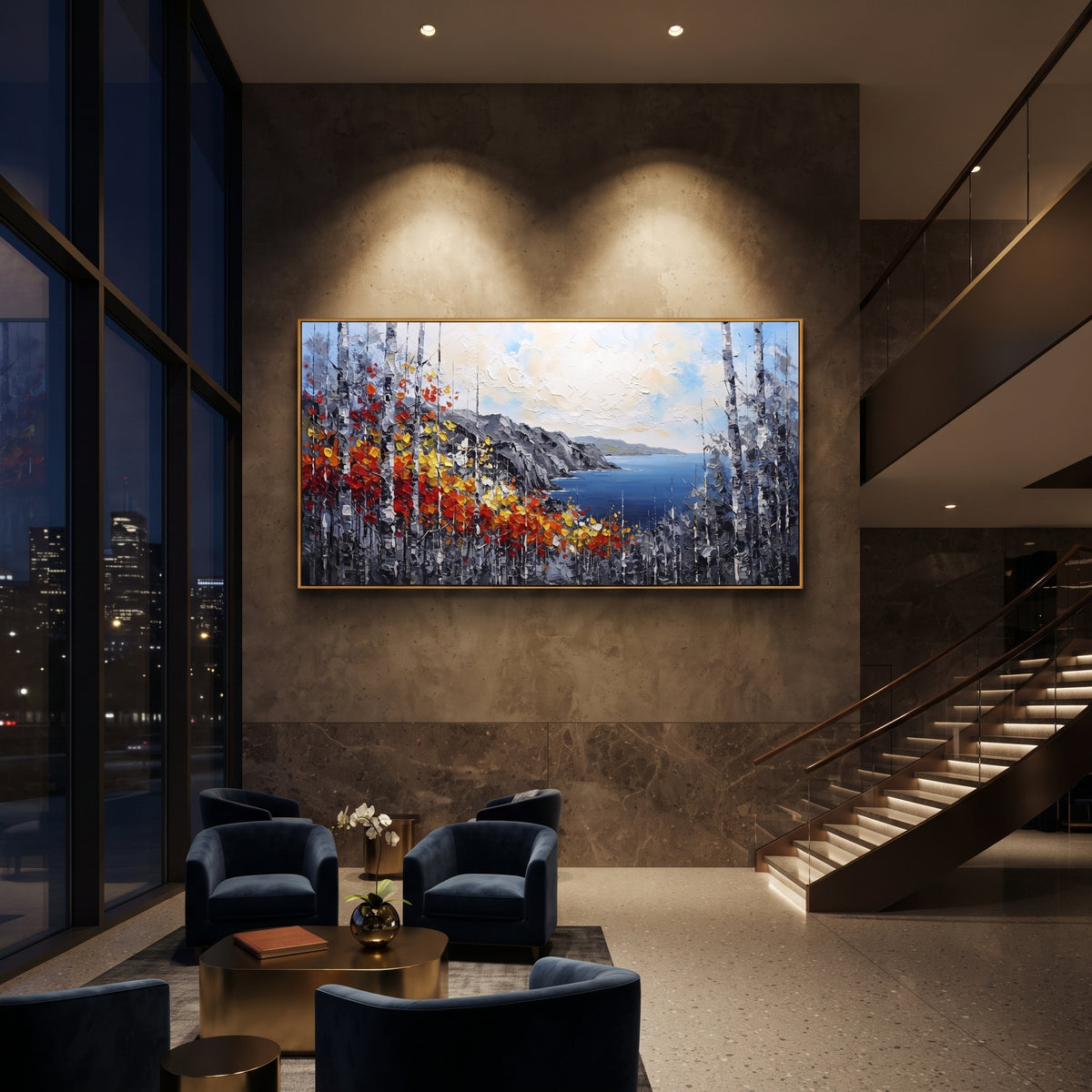 "Coastal Birch Vista Painting" focuses on atmosphere, surface movement, and sculptural heavy impasto craftsmanship rather than a fixed literal storyline. The composition uses this hand-painted panoramic canvas opens to a deep blue coastal bay beyond grey cliffs, with birch trunks and fiery red, orange, yellow, and white leaves sweeping across the foreground as the visual anchor, while layered palette-knife paint, raised plaster-like texture, and softened brush movement create tactile depth