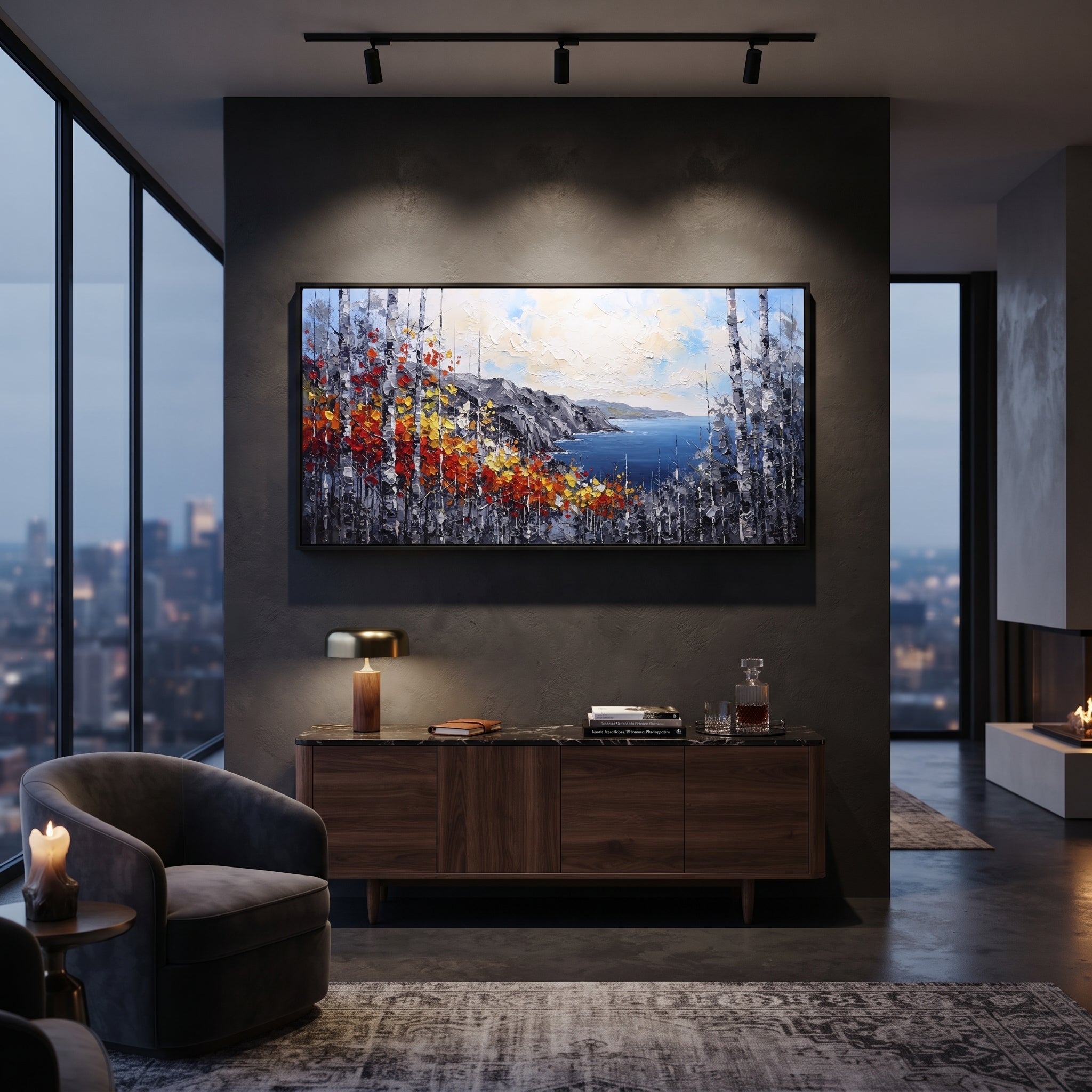 "Coastal Birch Vista Painting" focuses on atmosphere, surface movement, and sculptural heavy impasto craftsmanship rather than a fixed literal storyline. The composition uses this hand-painted panoramic canvas opens to a deep blue coastal bay beyond grey cliffs, with birch trunks and fiery red, orange, yellow, and white leaves sweeping across the foreground as the visual anchor, while layered palette-knife paint, raised plaster-like texture, and softened brush movement create tactile depth