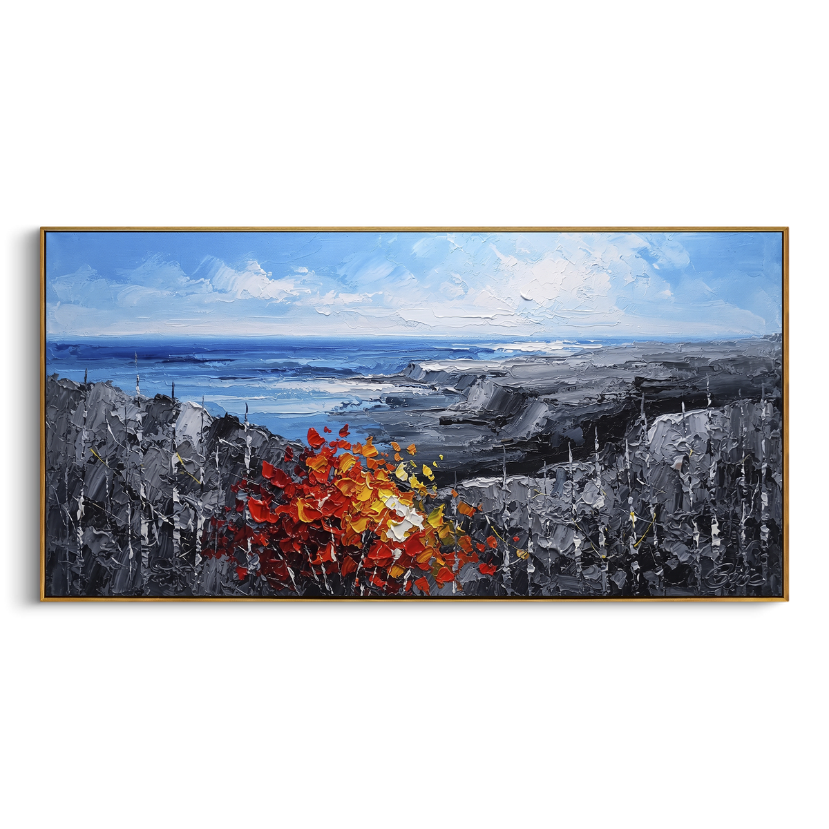 "Blue Coast Autumn Painting" - Modern Heavy Impasto Landscape Artwork | Blue & Grey Palette Knife Painting | Luxury Horizontal Wall Art #PT 1471