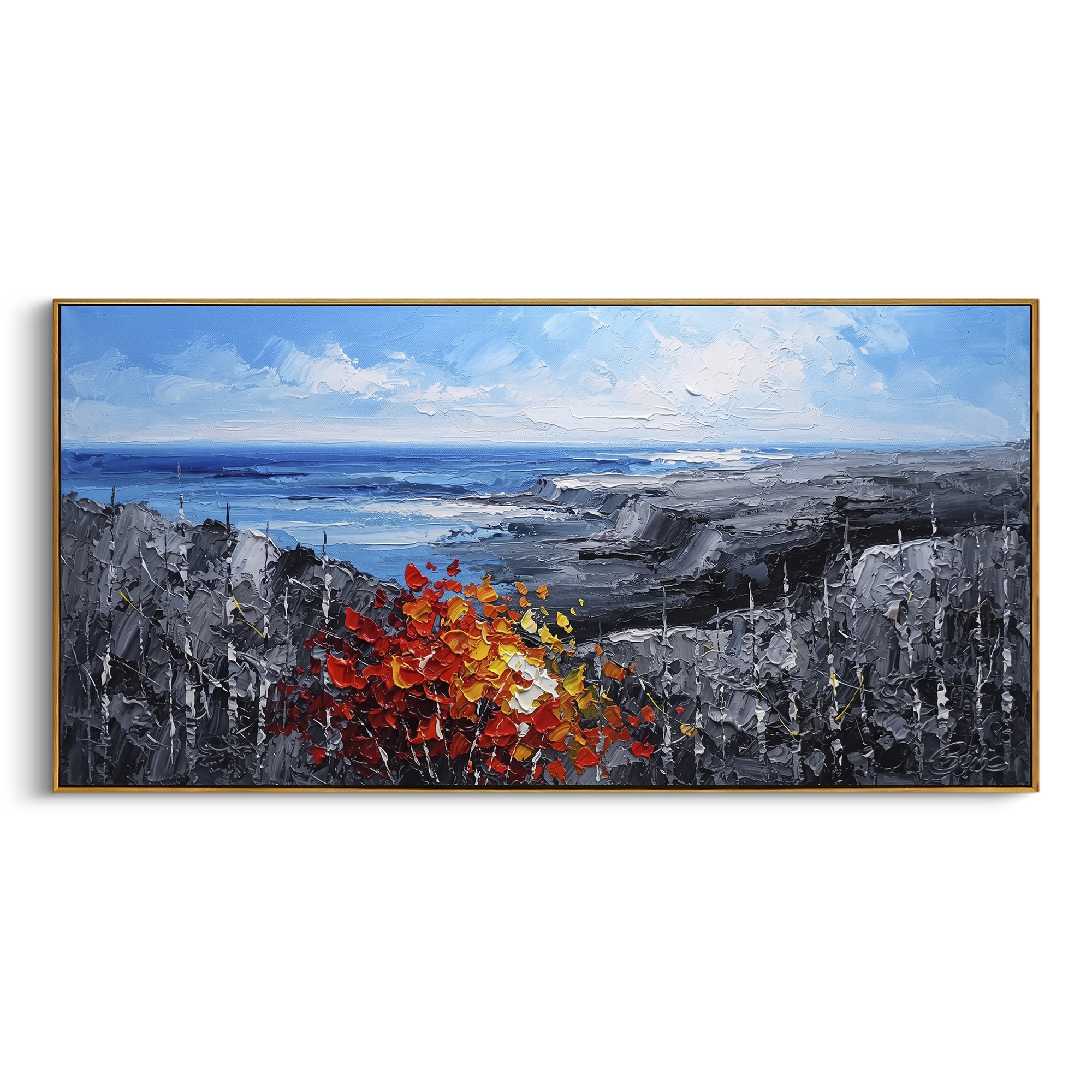 "Blue Coast Autumn Painting" focuses on atmosphere, surface movement, and sculptural heavy impasto craftsmanship rather than a fixed literal storyline. The composition uses this hand-painted panoramic canvas shows an open blue shoreline and grey rocky headlands, anchored by a thick red orange autumn tree and dark textured woodland in the foreground as the visual anchor, while layered palette-knife paint, raised plaster-like texture, and softened brush movement create tactile depth across the