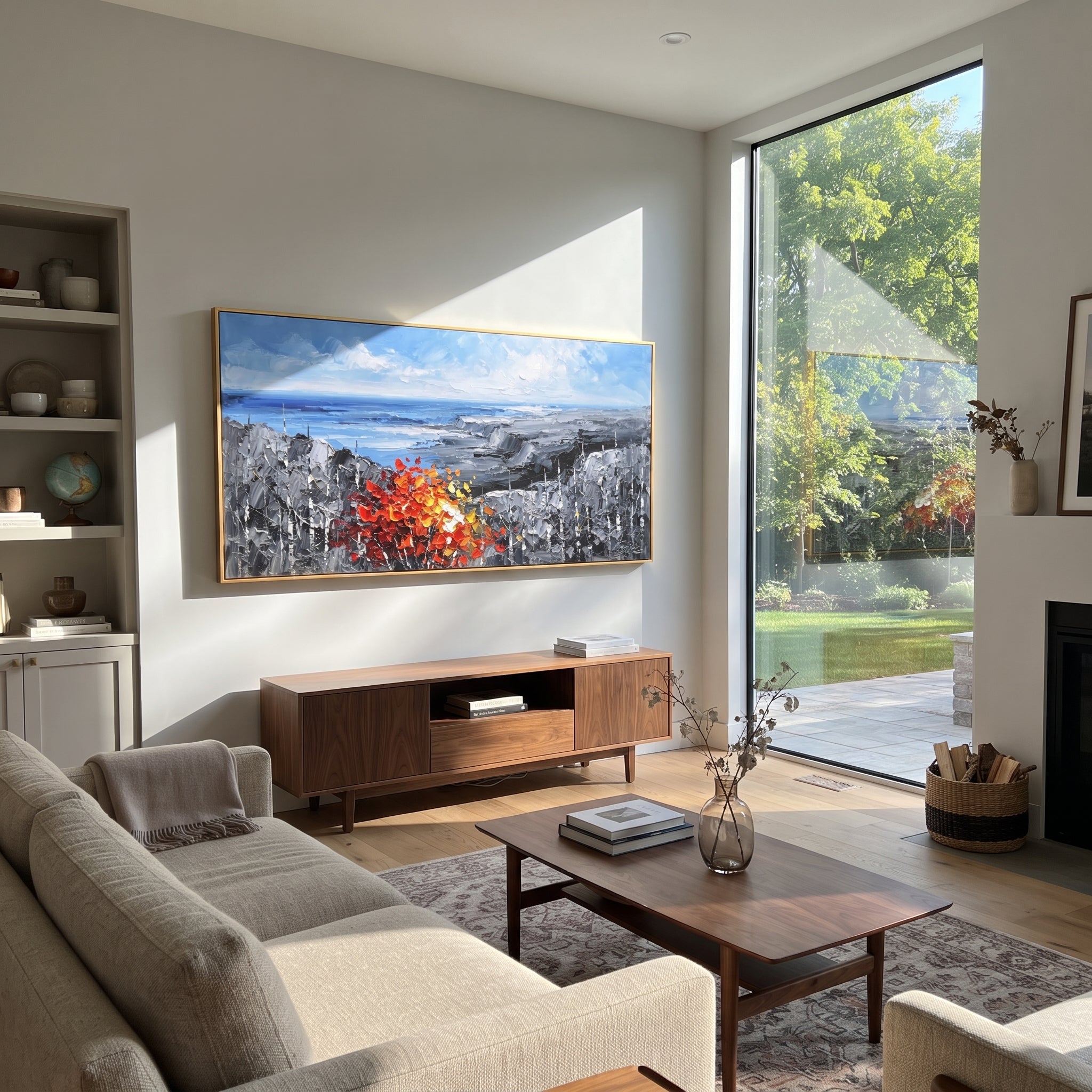 "Blue Coast Autumn Painting" focuses on atmosphere, surface movement, and sculptural heavy impasto craftsmanship rather than a fixed literal storyline. The composition uses this hand-painted panoramic canvas shows an open blue shoreline and grey rocky headlands, anchored by a thick red orange autumn tree and dark textured woodland in the foreground as the visual anchor, while layered palette-knife paint, raised plaster-like texture, and softened brush movement create tactile depth across the