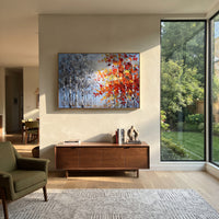 "Silver Birch Red Canopy Painting" focuses on atmosphere, surface movement, and sculptural heavy impasto craftsmanship rather than a fixed literal storyline. The composition uses this hand-painted horizontal canvas contrasts cool silver blue birch trunks on the left with a bright red, orange, and yellow canopy on the right, all built with raised impasto strokes as the visual anchor, while layered palette-knife paint, raised plaster-like texture, and softened brush movement create tactile depth