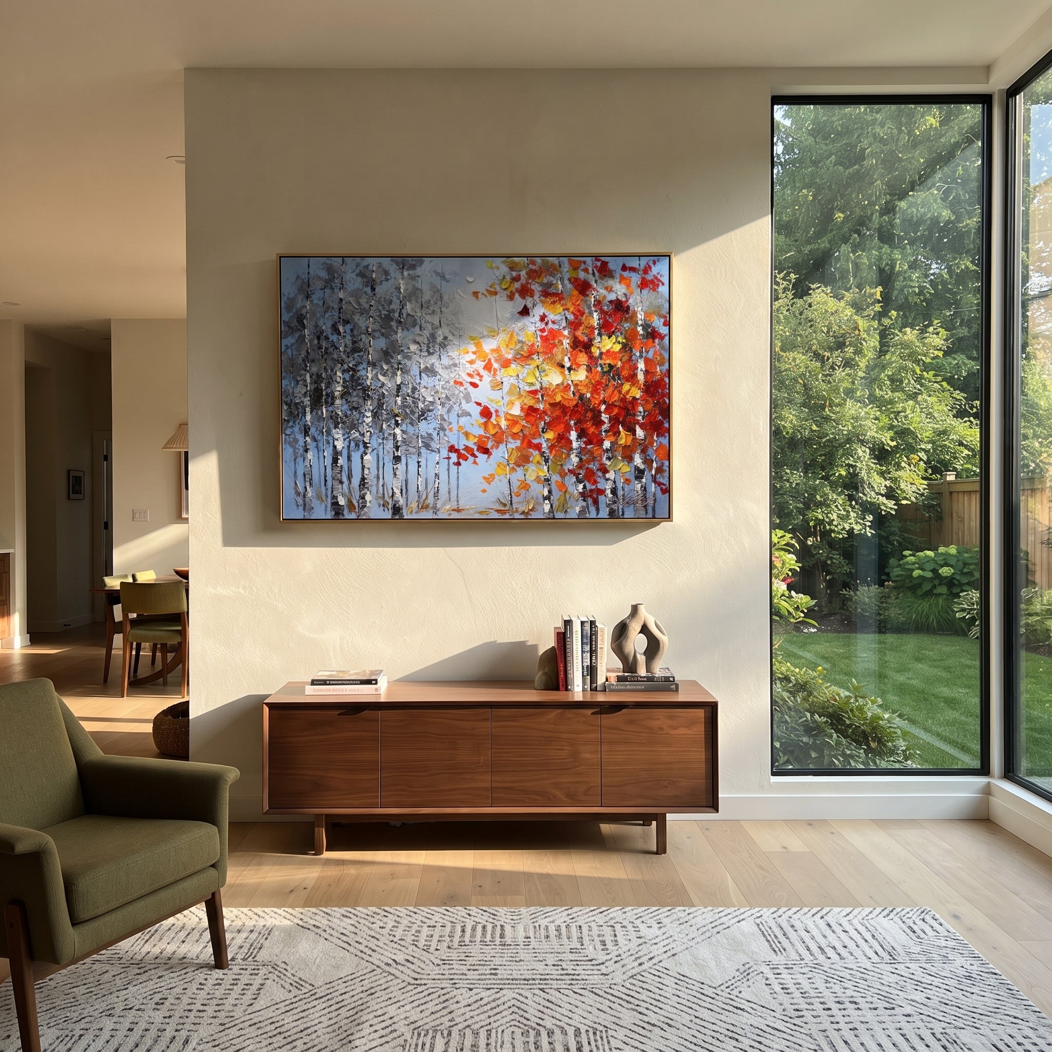 "Silver Birch Red Canopy Painting" focuses on atmosphere, surface movement, and sculptural heavy impasto craftsmanship rather than a fixed literal storyline. The composition uses this hand-painted horizontal canvas contrasts cool silver blue birch trunks on the left with a bright red, orange, and yellow canopy on the right, all built with raised impasto strokes as the visual anchor, while layered palette-knife paint, raised plaster-like texture, and softened brush movement create tactile depth