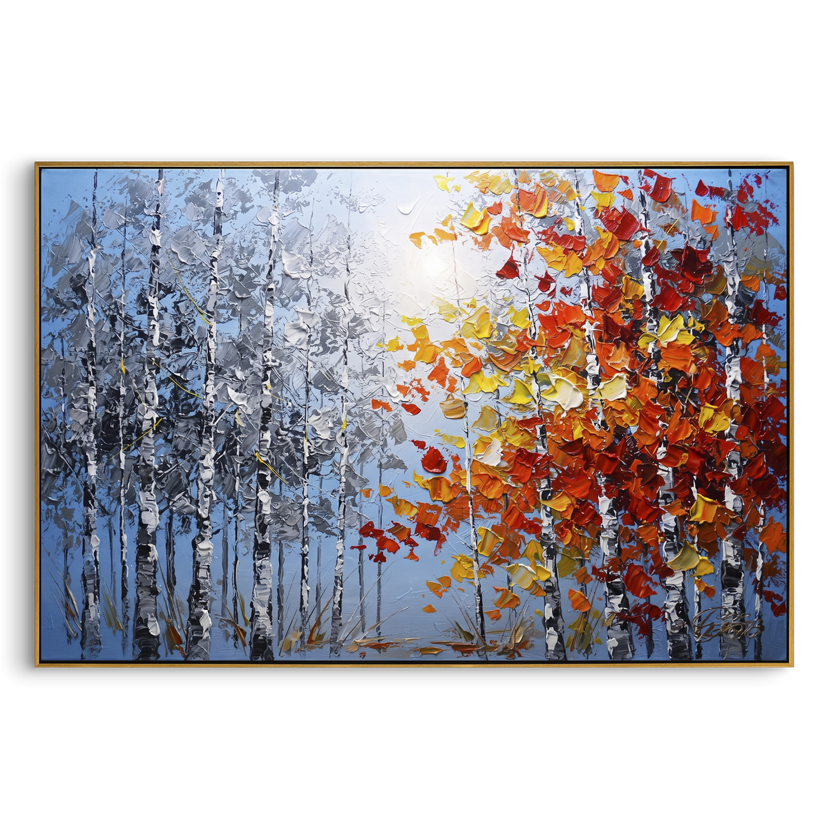 "Silver Birch Red Canopy Painting" - Modern Heavy Impasto Abstract Artwork | Grey & Red Palette Knife Painting | Luxury Horizontal Wall Art #PT 1472