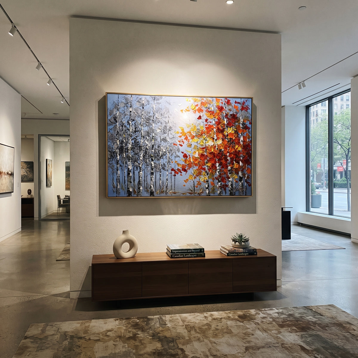"Silver Birch Red Canopy Painting" focuses on atmosphere, surface movement, and sculptural heavy impasto craftsmanship rather than a fixed literal storyline. The composition uses this hand-painted horizontal canvas contrasts cool silver blue birch trunks on the left with a bright red, orange, and yellow canopy on the right, all built with raised impasto strokes as the visual anchor, while layered palette-knife paint, raised plaster-like texture, and softened brush movement create tactile depth