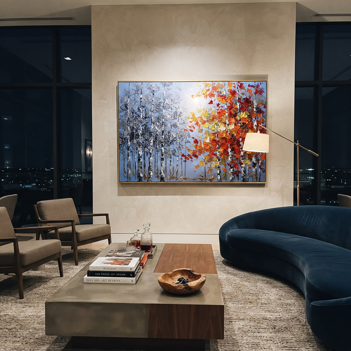 "Silver Birch Red Canopy Painting" focuses on atmosphere, surface movement, and sculptural heavy impasto craftsmanship rather than a fixed literal storyline. The composition uses this hand-painted horizontal canvas contrasts cool silver blue birch trunks on the left with a bright red, orange, and yellow canopy on the right, all built with raised impasto strokes as the visual anchor, while layered palette-knife paint, raised plaster-like texture, and softened brush movement create tactile depth