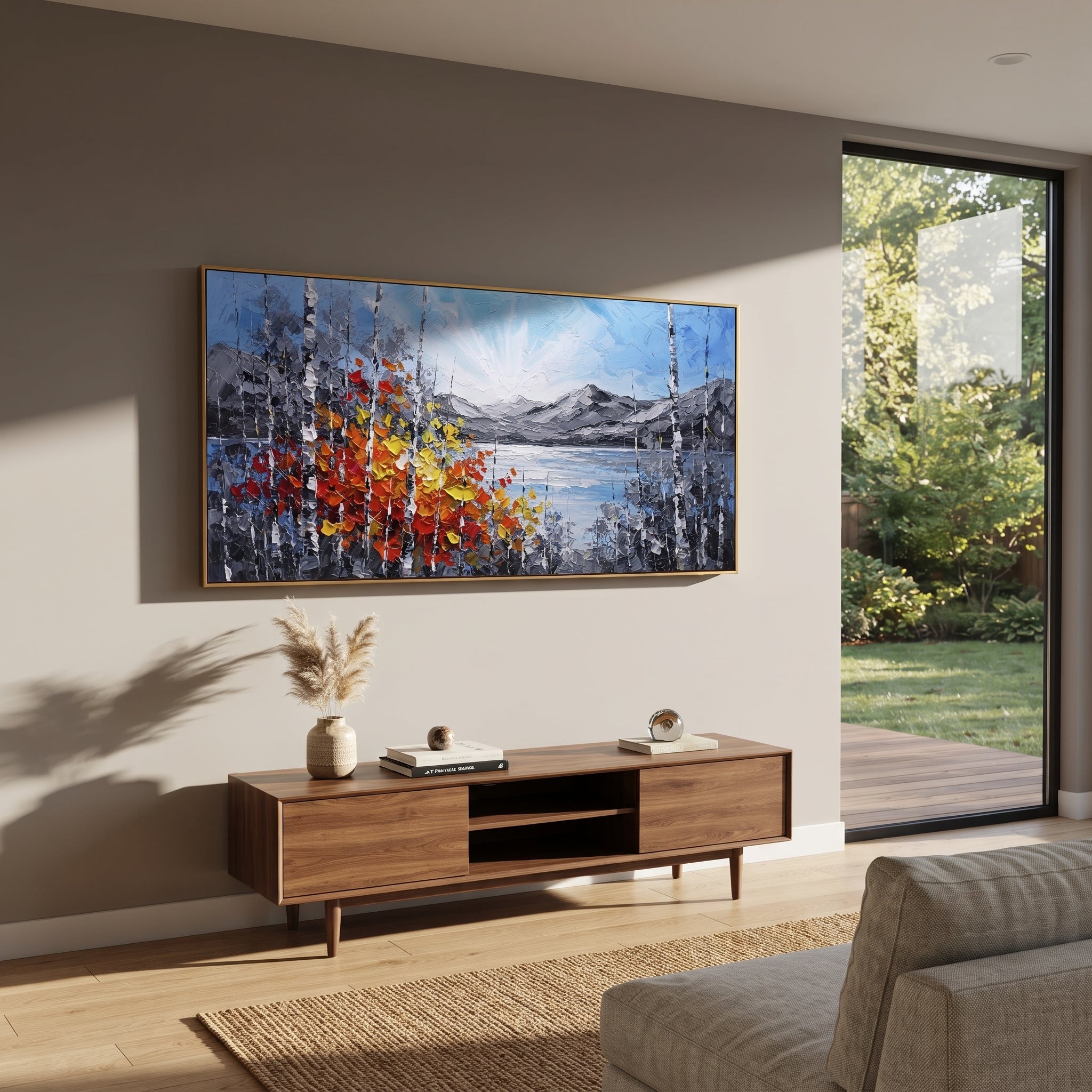 "Bright Lake Birch Shore Painting" focuses on atmosphere, surface movement, and sculptural heavy impasto craftsmanship rather than a fixed literal storyline. The composition uses this hand-painted panoramic canvas presents a luminous mountain lake with pale blue sky, grey ridges, white birch trunks, and a red orange yellow leaf cluster along the shore as the visual anchor, while layered palette-knife paint, raised plaster-like texture, and softened brush movement create tactile depth across the