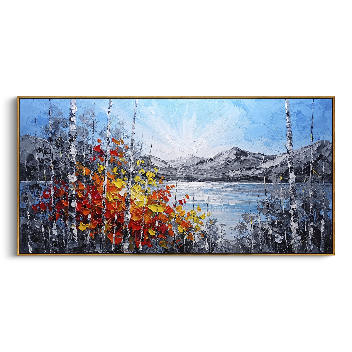 "Bright Lake Birch Shore Painting" - Modern Heavy Impasto Landscape Artwork | Blue & Grey Palette Knife Painting | Luxury Horizontal Wall Art #PT 1473