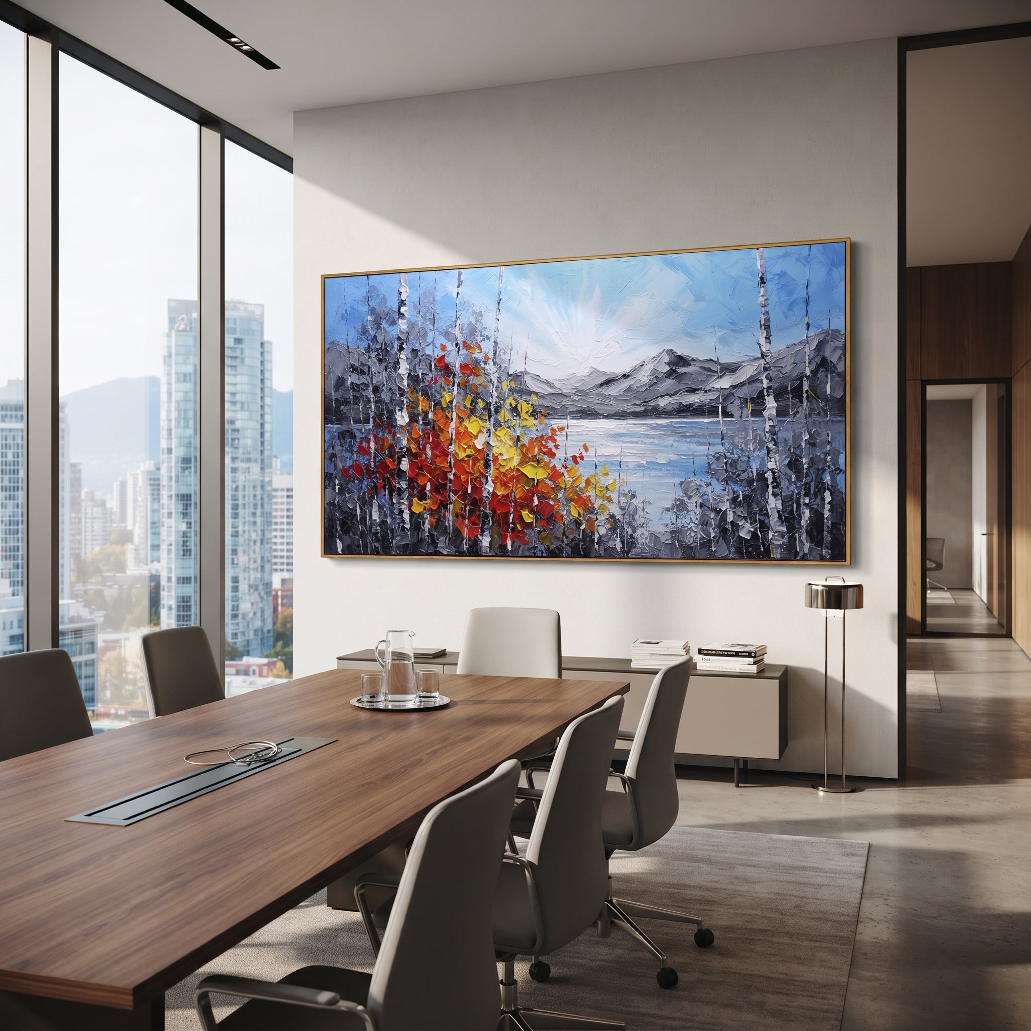"Bright Lake Birch Shore Painting" focuses on atmosphere, surface movement, and sculptural heavy impasto craftsmanship rather than a fixed literal storyline. The composition uses this hand-painted panoramic canvas presents a luminous mountain lake with pale blue sky, grey ridges, white birch trunks, and a red orange yellow leaf cluster along the shore as the visual anchor, while layered palette-knife paint, raised plaster-like texture, and softened brush movement create tactile depth across the