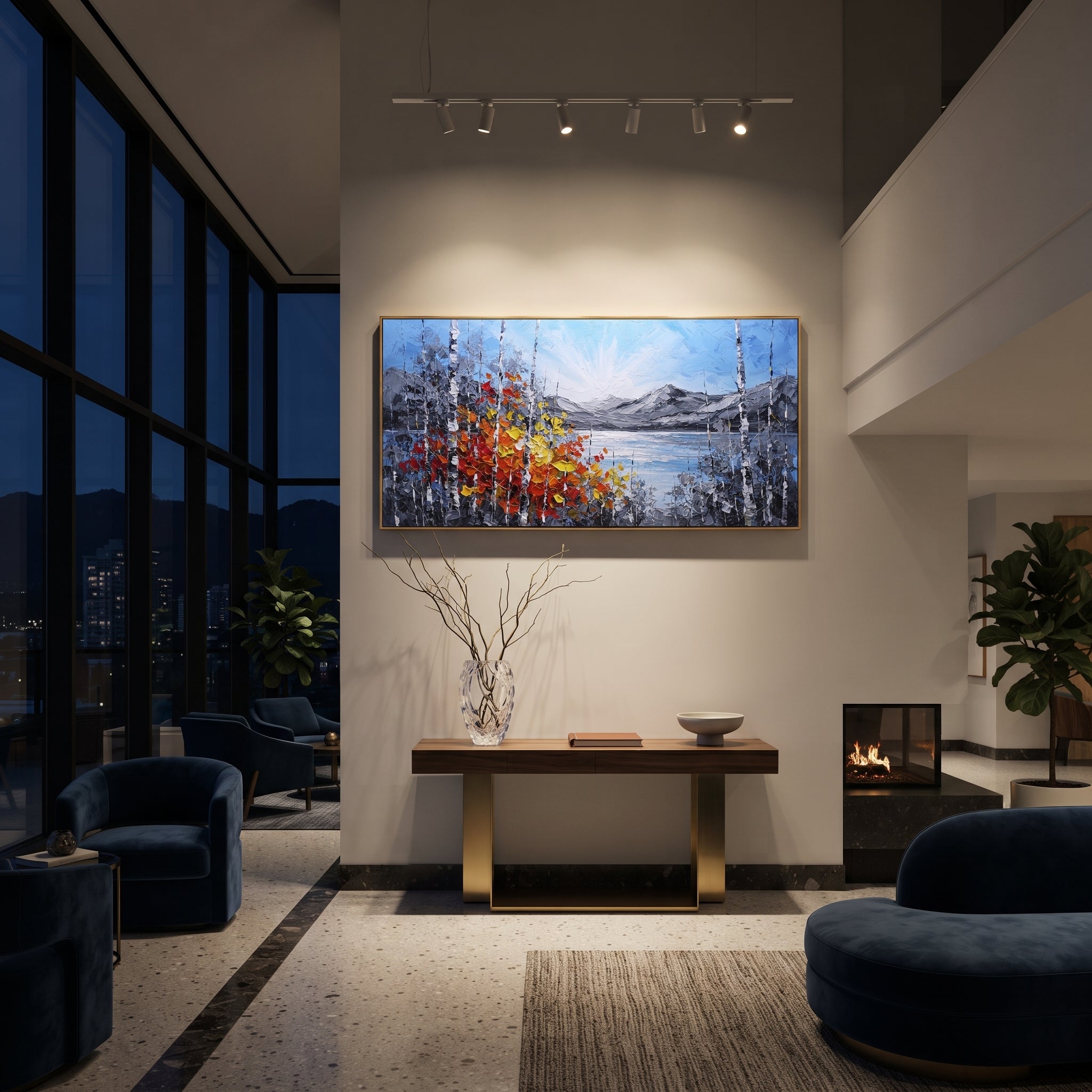 "Bright Lake Birch Shore Painting" focuses on atmosphere, surface movement, and sculptural heavy impasto craftsmanship rather than a fixed literal storyline. The composition uses this hand-painted panoramic canvas presents a luminous mountain lake with pale blue sky, grey ridges, white birch trunks, and a red orange yellow leaf cluster along the shore as the visual anchor, while layered palette-knife paint, raised plaster-like texture, and softened brush movement create tactile depth across the