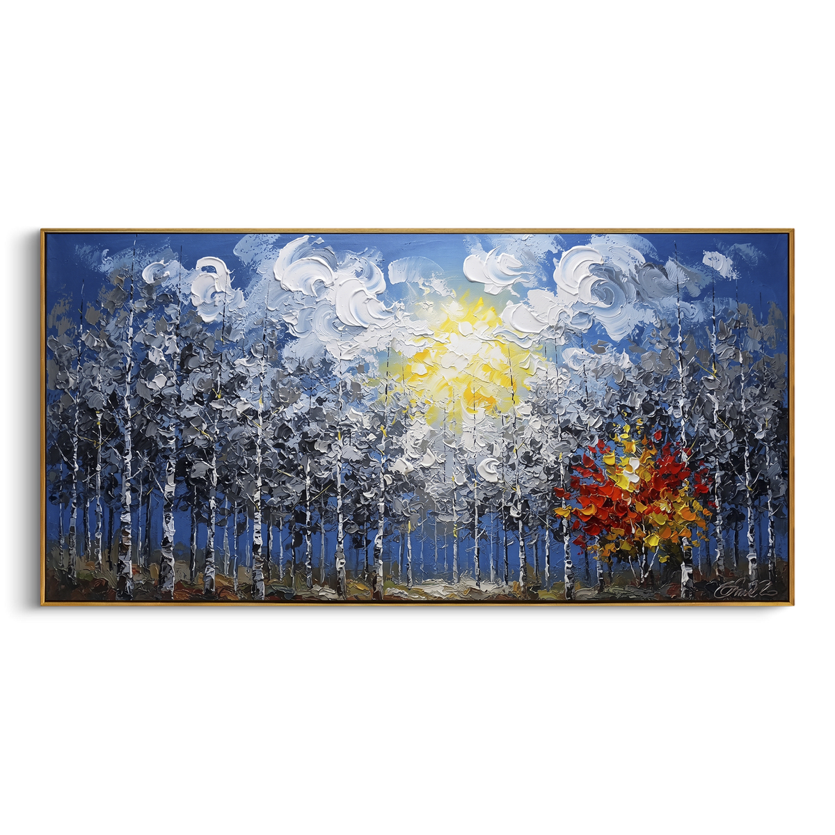 "Blue Forest Sunburst Painting" - Modern Heavy Impasto Abstract Artwork | Blue & Grey Palette Knife Painting | Luxury Horizontal Wall Art #PT 1474
