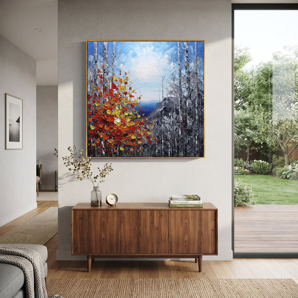 "Cliffside Birch Autumn Painting" - Modern Heavy Impasto Landscape Artwork | Blue & Grey Palette Knife Painting | Luxury Square Wall Art #PT 1475