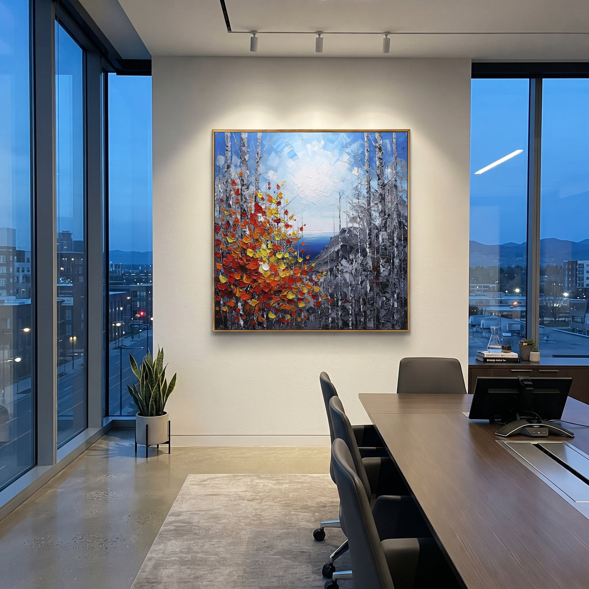 "Cliffside Birch Autumn Painting" focuses on atmosphere, surface movement, and sculptural heavy impasto craftsmanship rather than a fixed literal storyline. The composition uses this hand-painted square canvas looks through birch trunks to a blue water horizon and grey cliffs, with red, orange, and yellow leaves rising in thick strokes from the lower left as the visual anchor, while layered palette-knife paint, raised plaster-like texture, and softened brush movement create tactile depth across