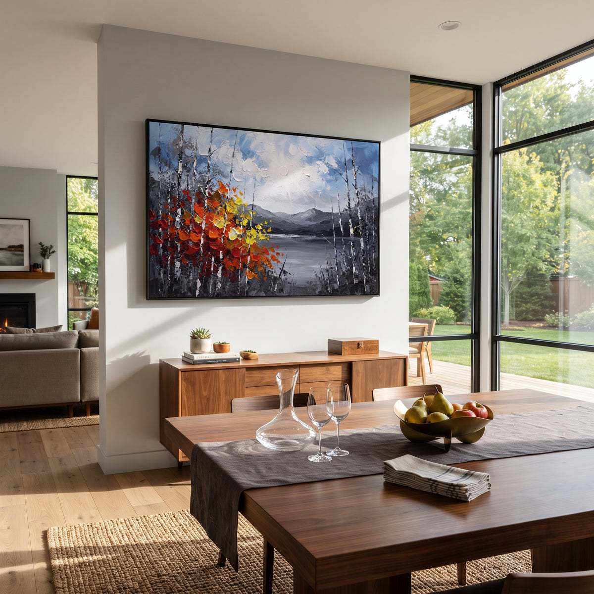 "Quiet Lake Birch Grove Painting" focuses on atmosphere, surface movement, and sculptural heavy impasto craftsmanship rather than a fixed literal storyline. The composition uses this hand-painted horizontal canvas shows a calm grey lake and distant mountains under a white sun, framed by dark birch trunks and a red yellow autumn shrub in the foreground as the visual anchor, while layered palette-knife paint, raised plaster-like texture, and softened brush movement create tactile depth across the