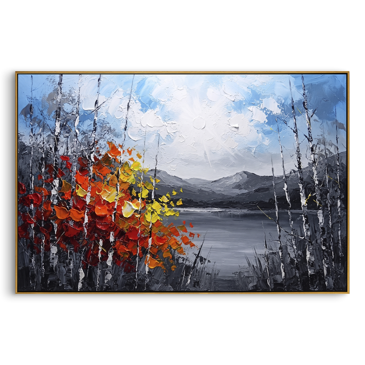 "Quiet Lake Birch Grove Painting" focuses on atmosphere, surface movement, and sculptural heavy impasto craftsmanship rather than a fixed literal storyline. The composition uses this hand-painted horizontal canvas shows a calm grey lake and distant mountains under a white sun, framed by dark birch trunks and a red yellow autumn shrub in the foreground as the visual anchor, while layered palette-knife paint, raised plaster-like texture, and softened brush movement create tactile depth across the