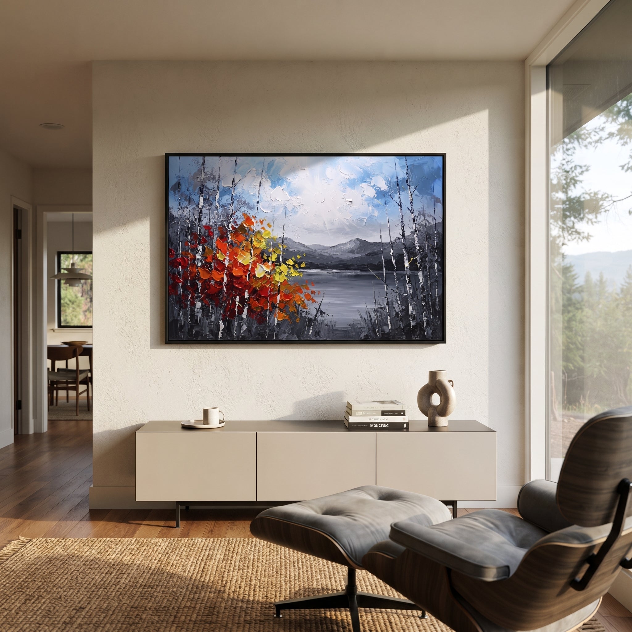 "Quiet Lake Birch Grove Painting" focuses on atmosphere, surface movement, and sculptural heavy impasto craftsmanship rather than a fixed literal storyline. The composition uses this hand-painted horizontal canvas shows a calm grey lake and distant mountains under a white sun, framed by dark birch trunks and a red yellow autumn shrub in the foreground as the visual anchor, while layered palette-knife paint, raised plaster-like texture, and softened brush movement create tactile depth across the
