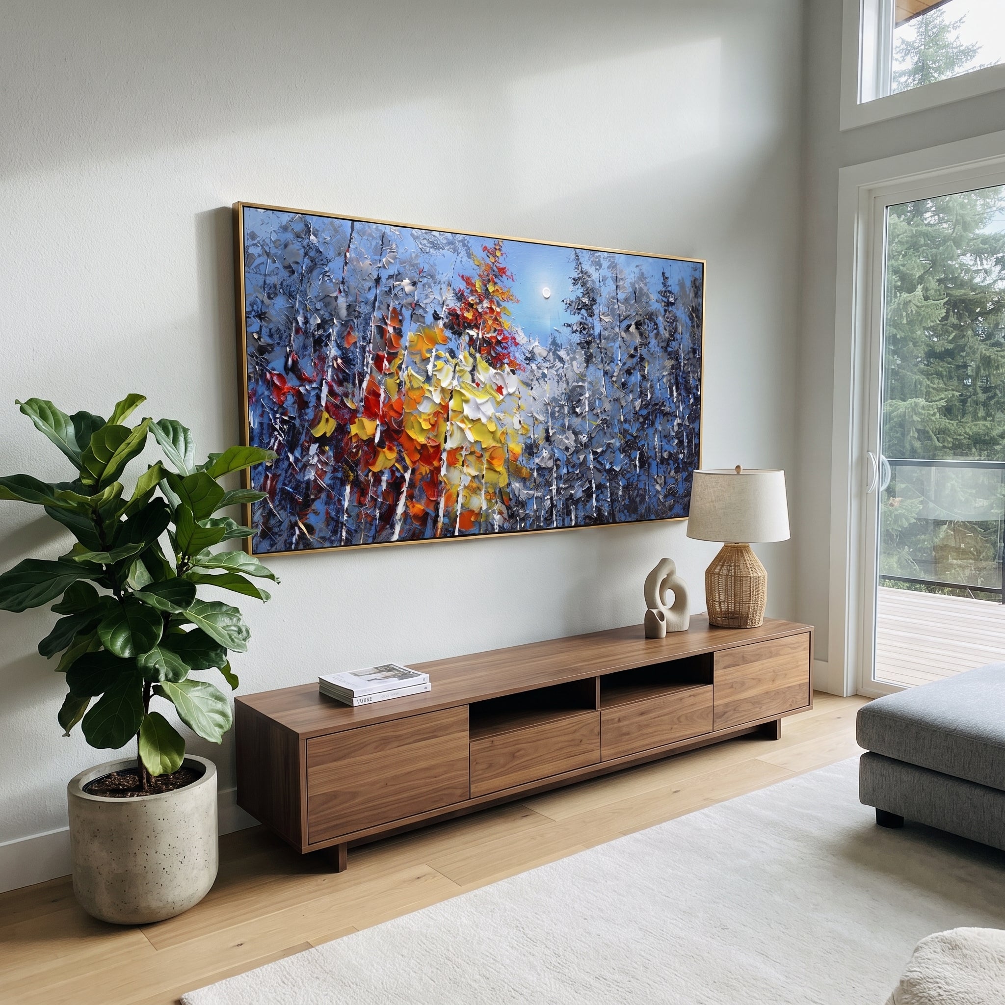 "Blue Silver Autumn Forest Painting" focuses on atmosphere, surface movement, and sculptural heavy impasto craftsmanship rather than a fixed literal storyline. The composition uses this hand-painted panoramic canvas layers blue silver birch woods with black branches and a bold yellow, white, red, and orange leaf mass sweeping through the center as the visual anchor, while layered palette-knife paint, raised plaster-like texture, and softened brush movement create tactile depth across the canvas.
