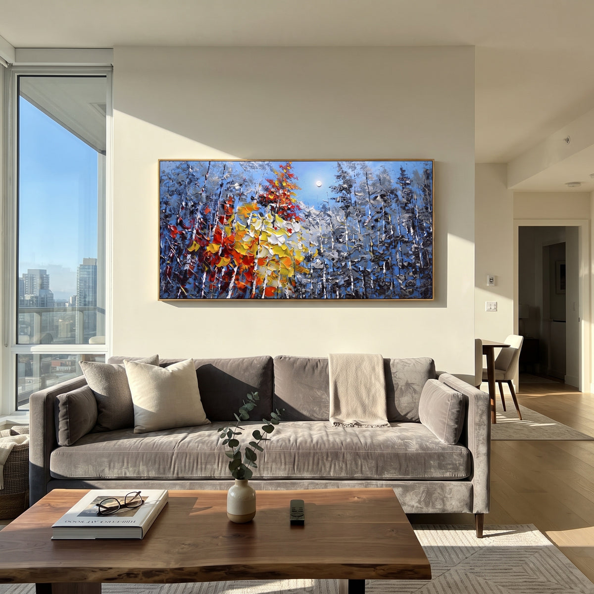 "Blue Silver Autumn Forest Painting" focuses on atmosphere, surface movement, and sculptural heavy impasto craftsmanship rather than a fixed literal storyline. The composition uses this hand-painted panoramic canvas layers blue silver birch woods with black branches and a bold yellow, white, red, and orange leaf mass sweeping through the center as the visual anchor, while layered palette-knife paint, raised plaster-like texture, and softened brush movement create tactile depth across the canvas.