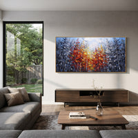 "Crimson Birch Canopy Painting" focuses on atmosphere, surface movement, and sculptural heavy impasto craftsmanship rather than a fixed literal storyline. The composition uses this hand-painted panoramic canvas presents dense cool grey birch woods with a wide crimson, orange, and yellow canopy spreading across the middle in thick sculptural strokes as the visual anchor, while layered palette-knife paint, raised plaster-like texture, and softened brush movement create tactile depth across the