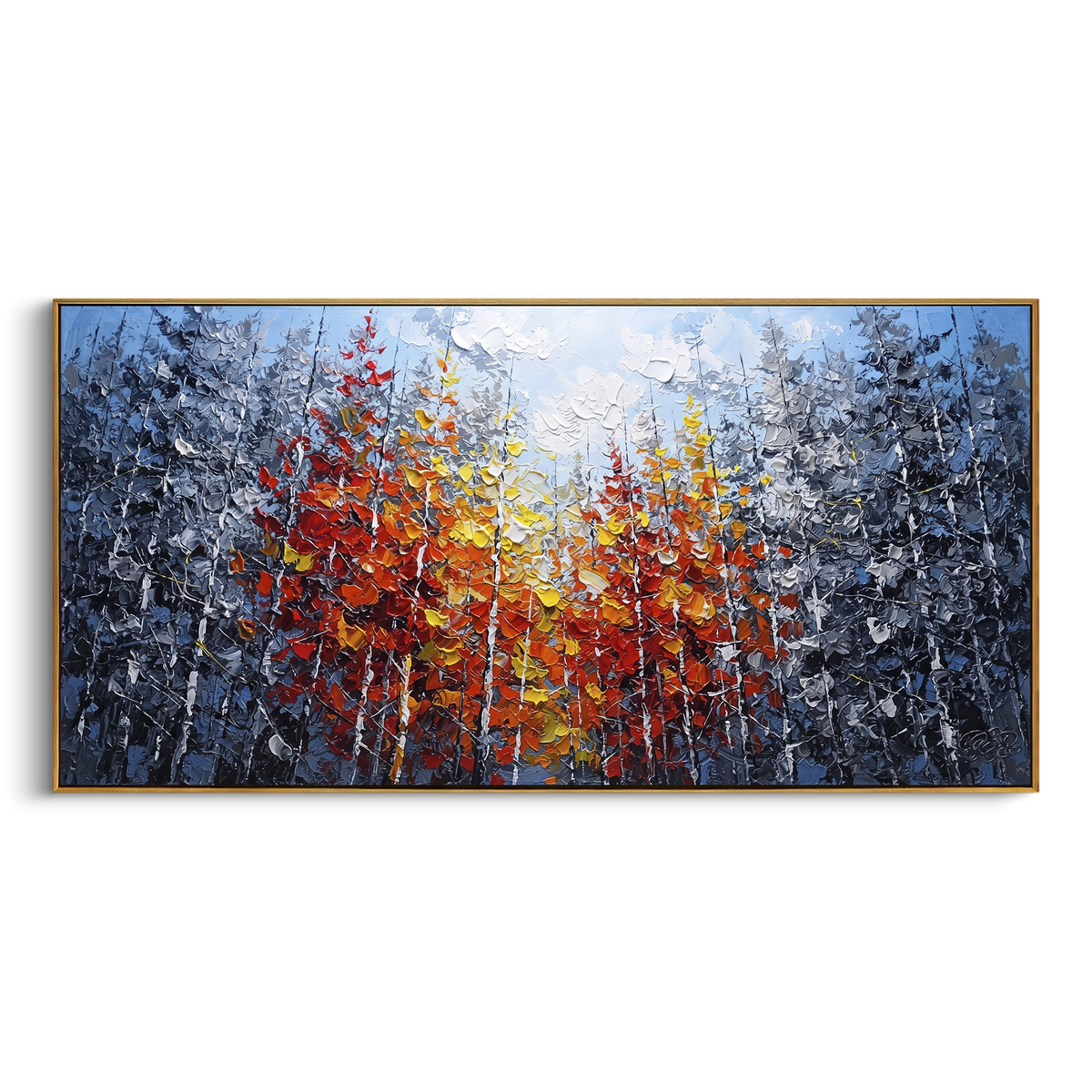 "Crimson Birch Canopy Painting" - Modern Heavy Impasto Abstract Artwork | Red & Orange Palette Knife Painting | Luxury Horizontal Wall Art #PT 1478