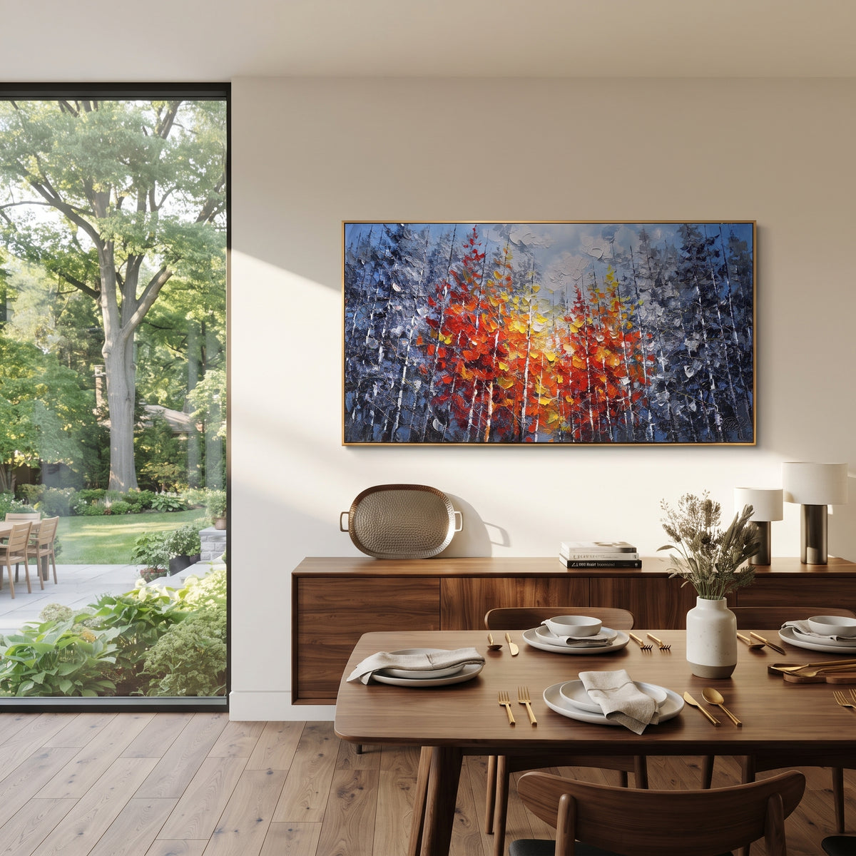 "Crimson Birch Canopy Painting" focuses on atmosphere, surface movement, and sculptural heavy impasto craftsmanship rather than a fixed literal storyline. The composition uses this hand-painted panoramic canvas presents dense cool grey birch woods with a wide crimson, orange, and yellow canopy spreading across the middle in thick sculptural strokes as the visual anchor, while layered palette-knife paint, raised plaster-like texture, and softened brush movement create tactile depth across the